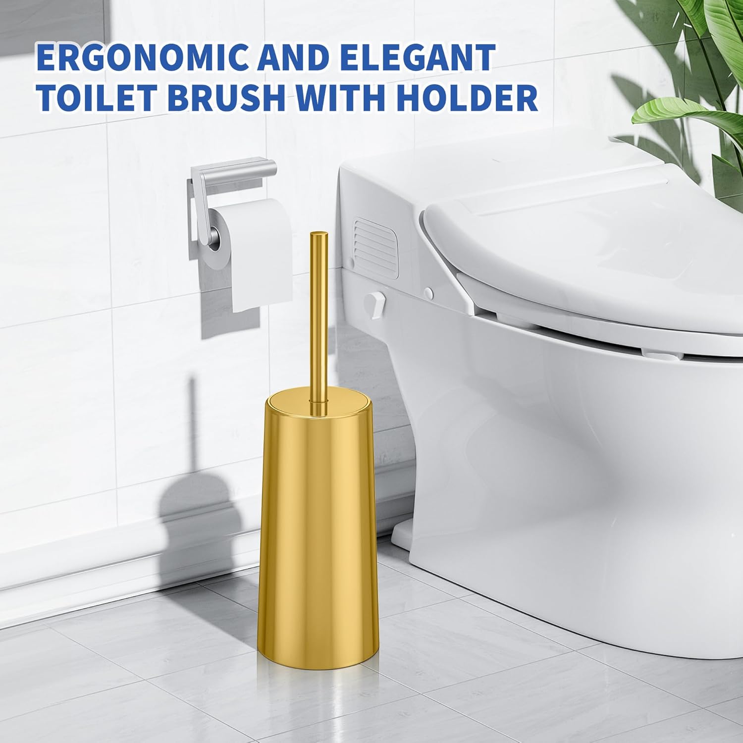 Wsedor Toilet Brush with Stainless Steel Holder - 168 Inch Ergonomic Durable Gold
