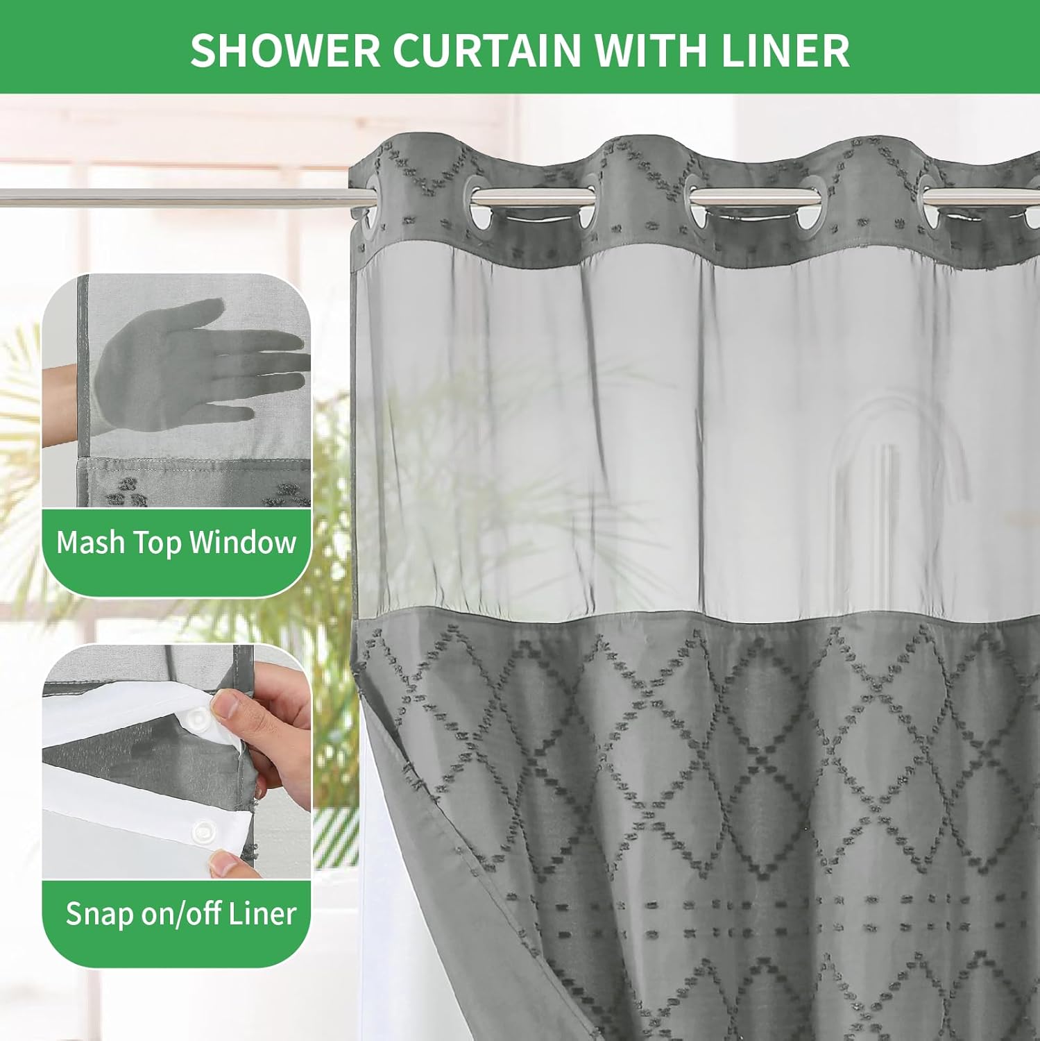 Grey No Hook Shower Curtain Set with Chevrons See-Through Window