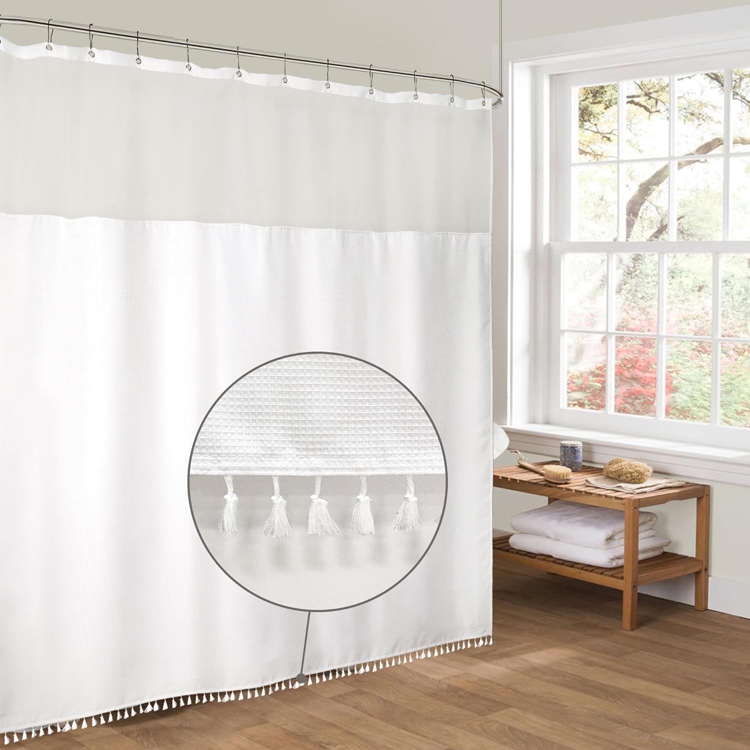 Riyidecor White Tassel Waffle Shower Curtain Set