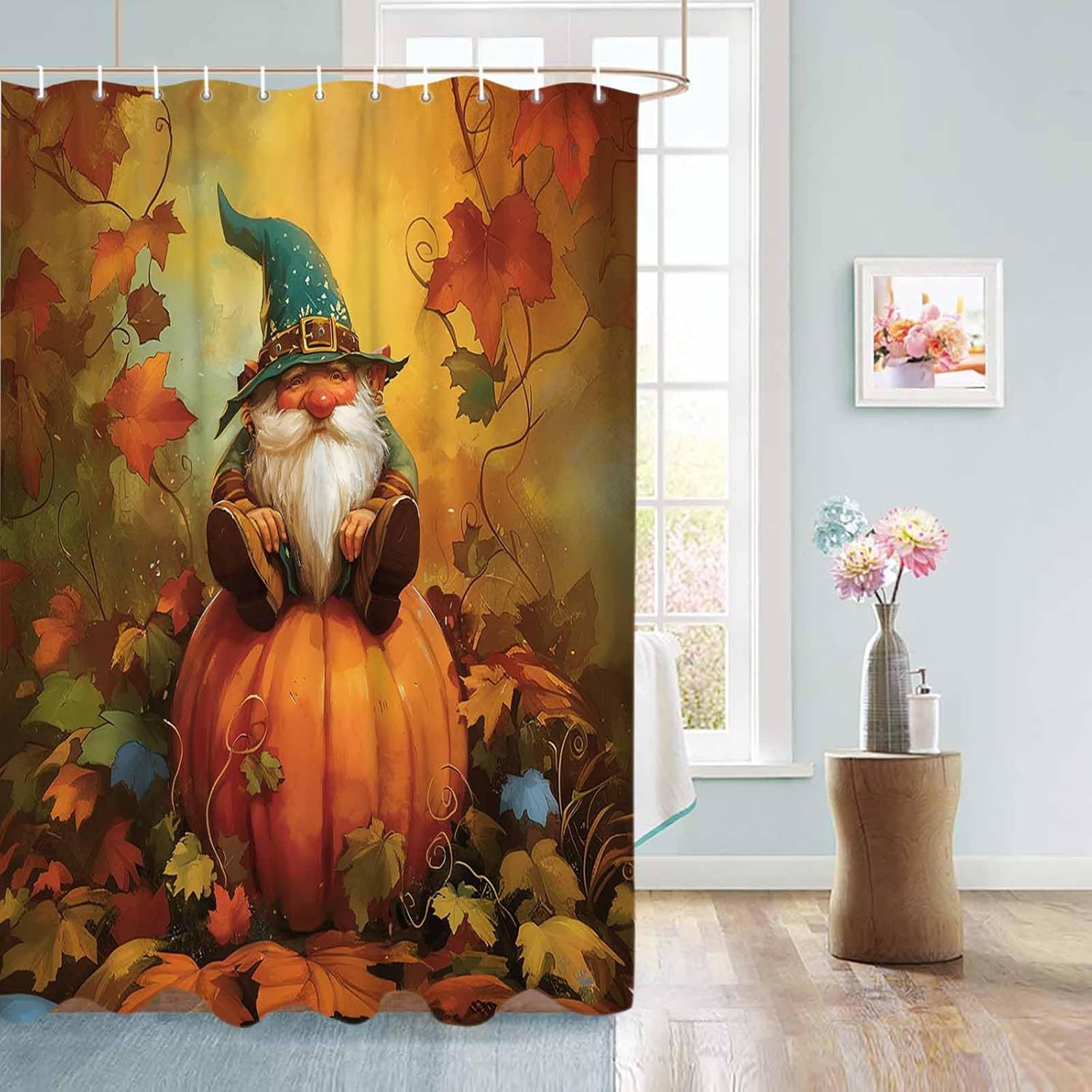 Funnywall88 72x72 Inch Gnome Pumpkin Shower Curtain Set with 12 Hooks