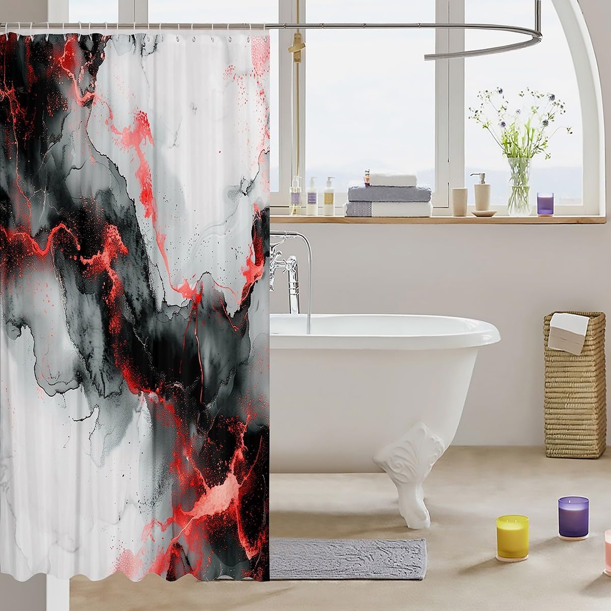 Erosebridal Black and Red Waterproof Shower Curtain Abstract Marbling Design