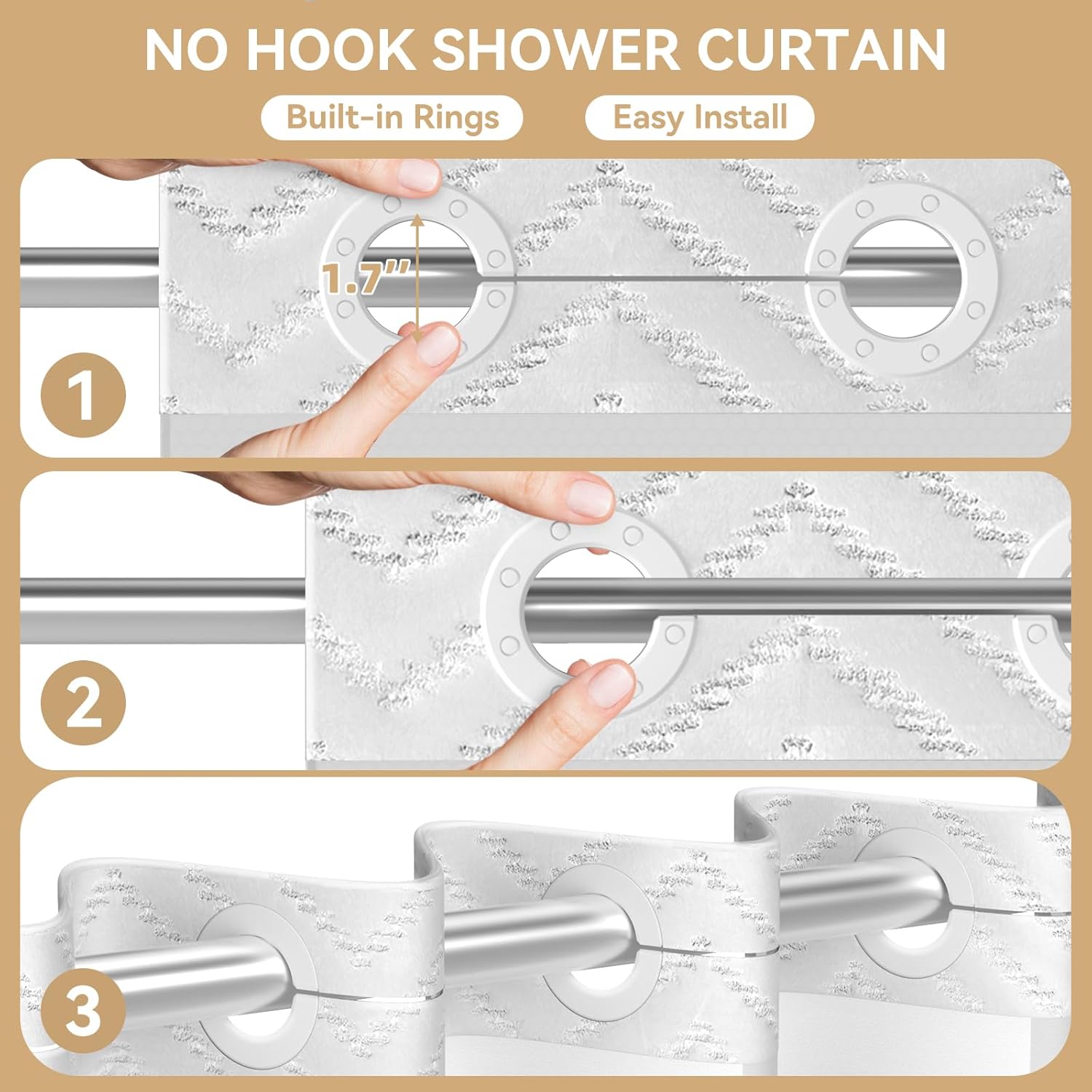 Aikku No Hook Shower Curtain Set with Mesh Top