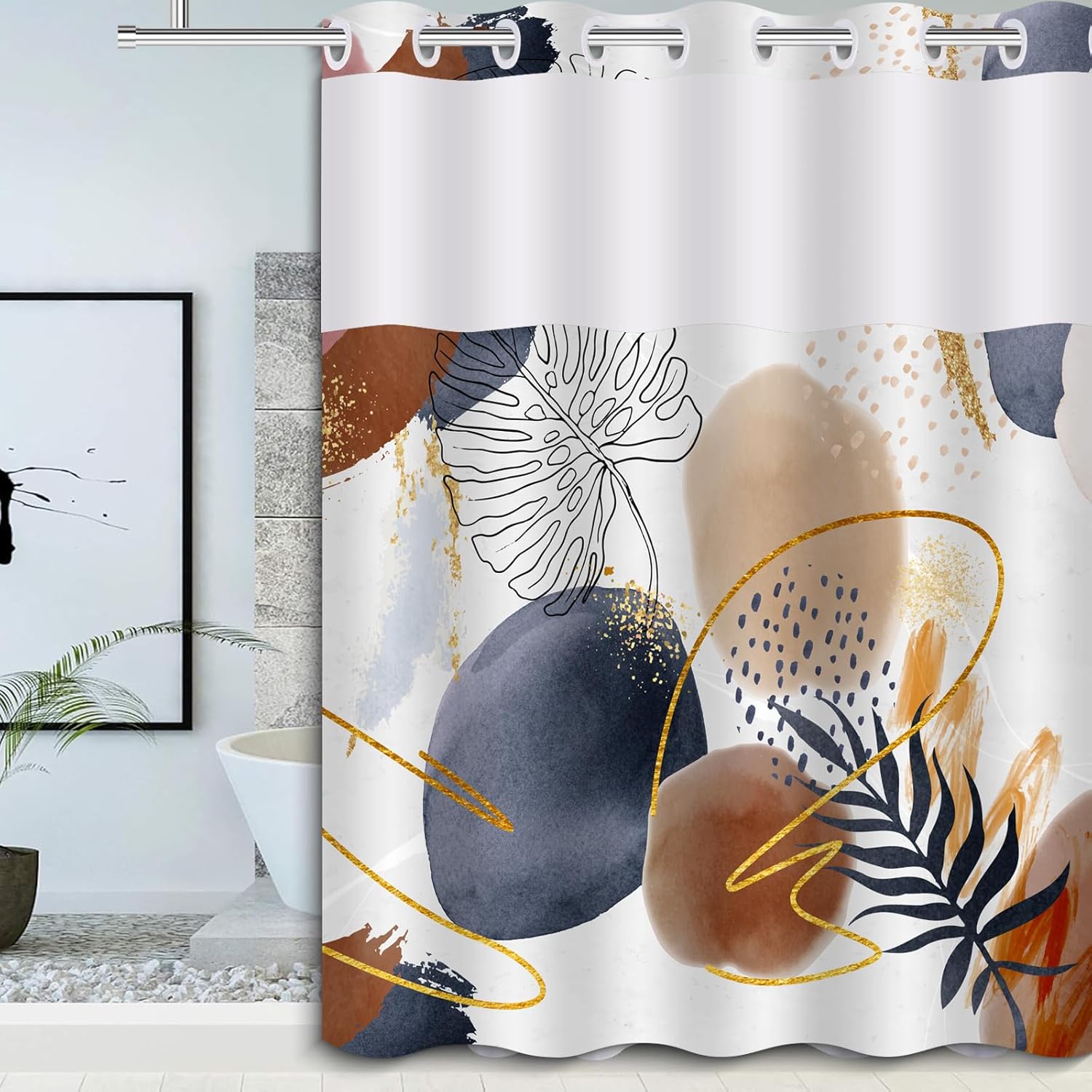 Boho Style Waterproof Shower Curtain with Mesh Top 71x74 In