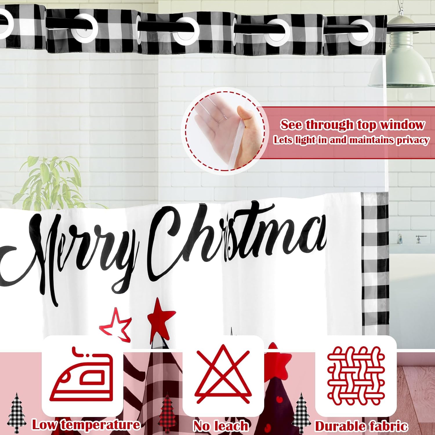 FuWeave No Hook Christmas Shower Curtain with Snap-in Liner