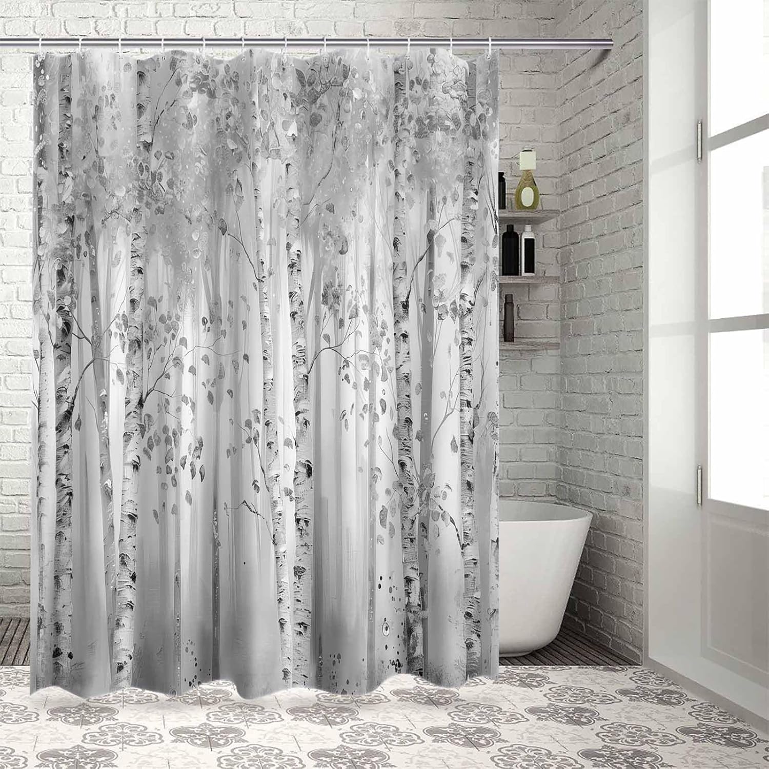 72 Inches Gray Leaf Art Shower Curtain Set with 12 Hooks