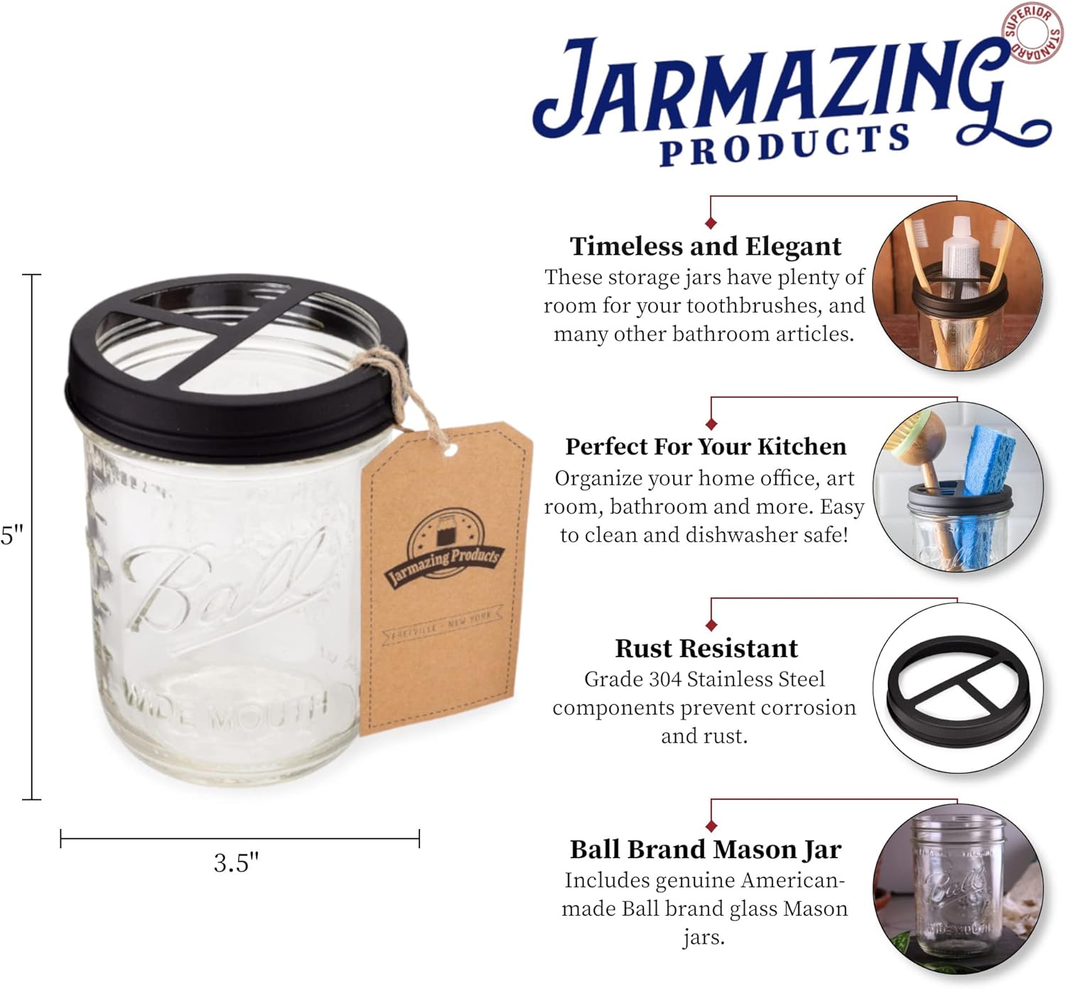 Jarmazing Products Mason Jar Toothbrush Holder Black 1
