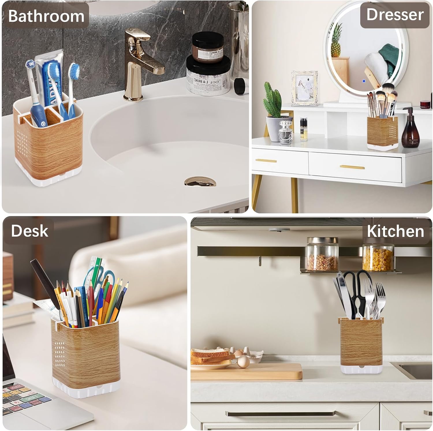 Boperzi Wood Grain Toothbrush Holder with Drainage and Anti-Slip Base