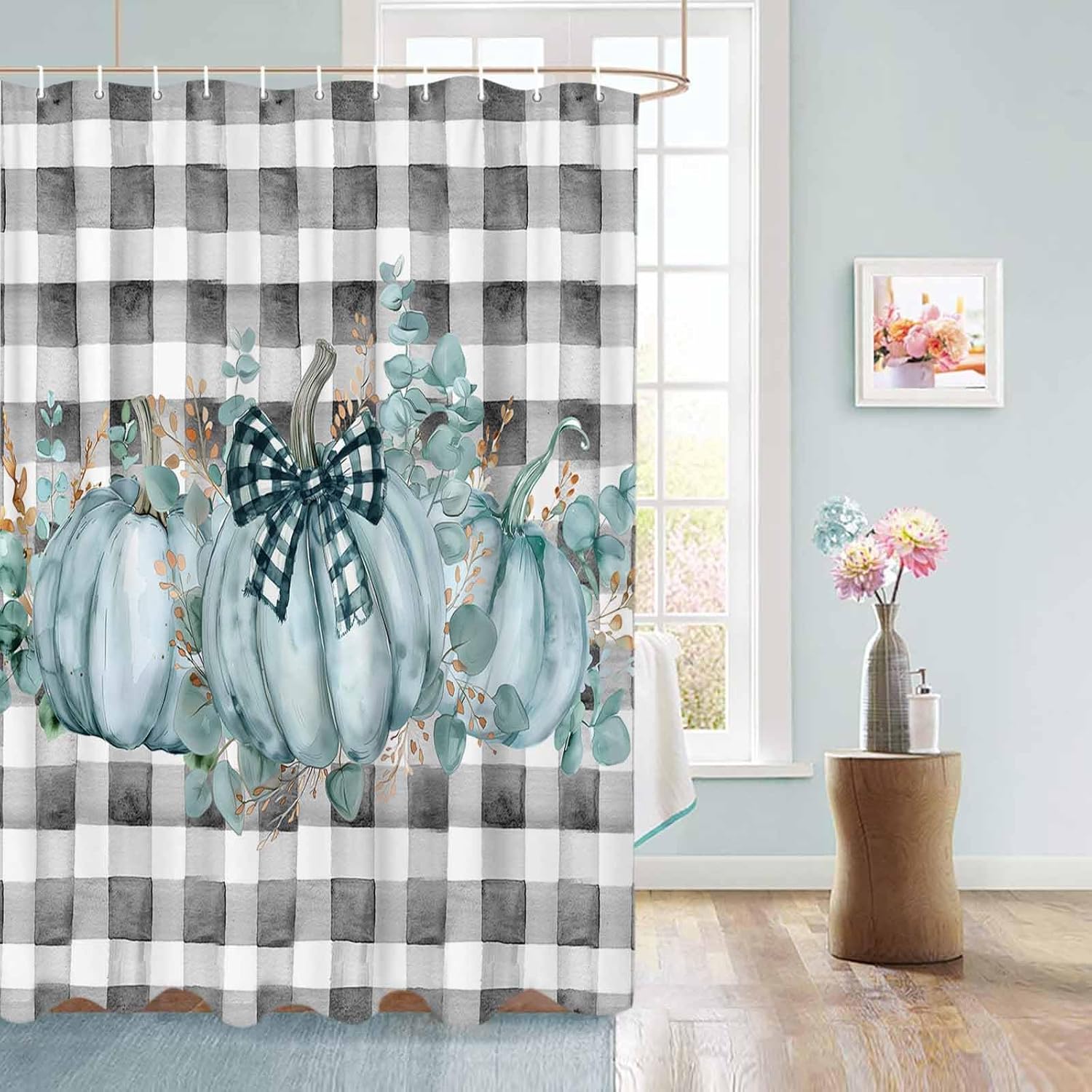 Funnywall88 72 Inches Green Bow Pumpkin Plaid Shower Curtain Set with 12 Hooks