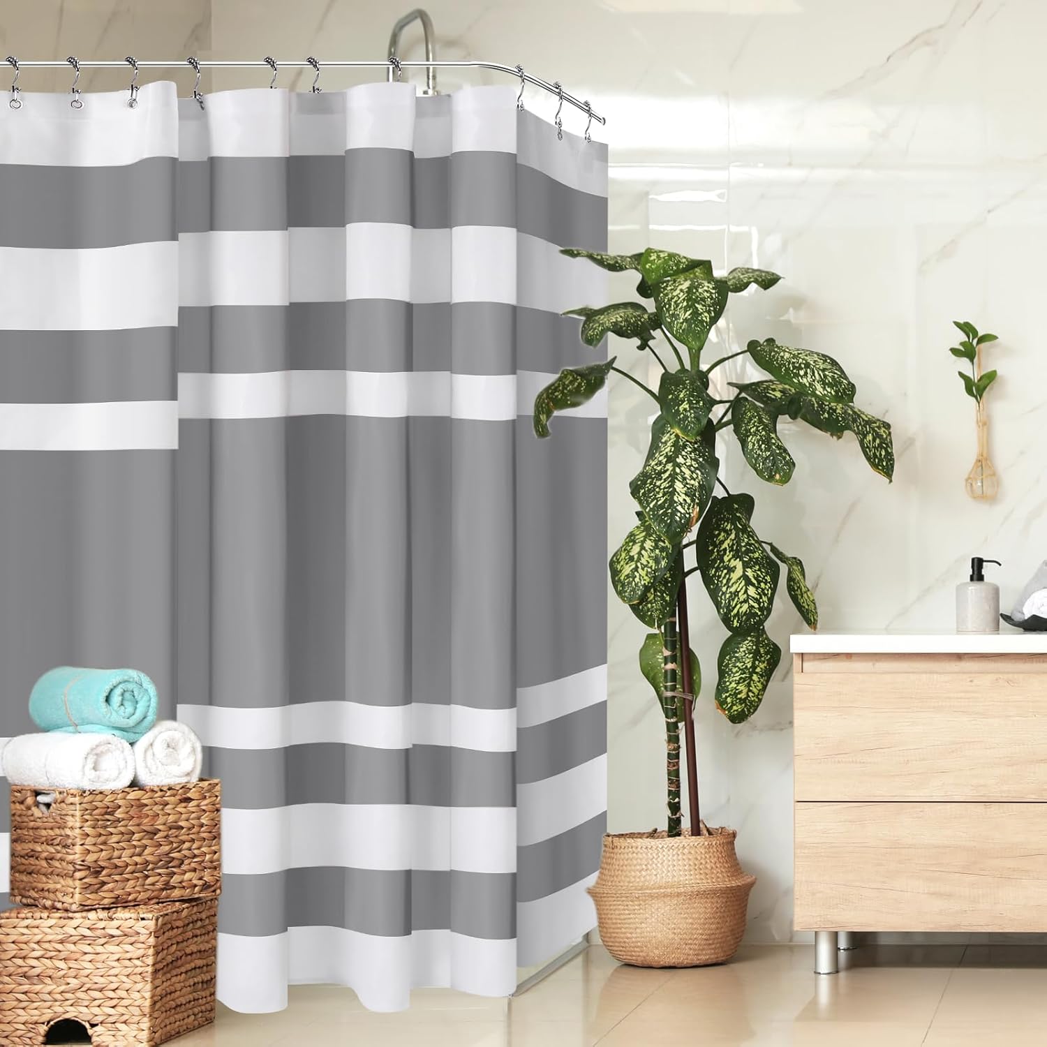 Tranqun Boho Farmhouse Shower Curtain Set with Tassel and Clear Liner