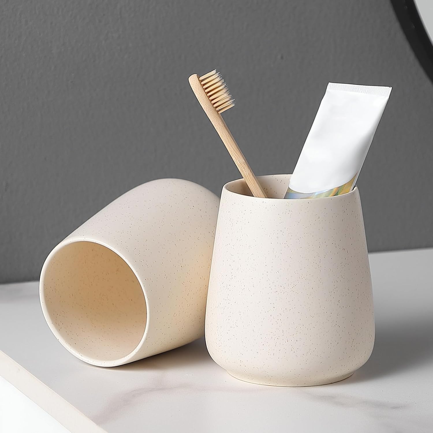 Eyrozia Beige Ceramic Toothbrush Holder Set 2Pcs