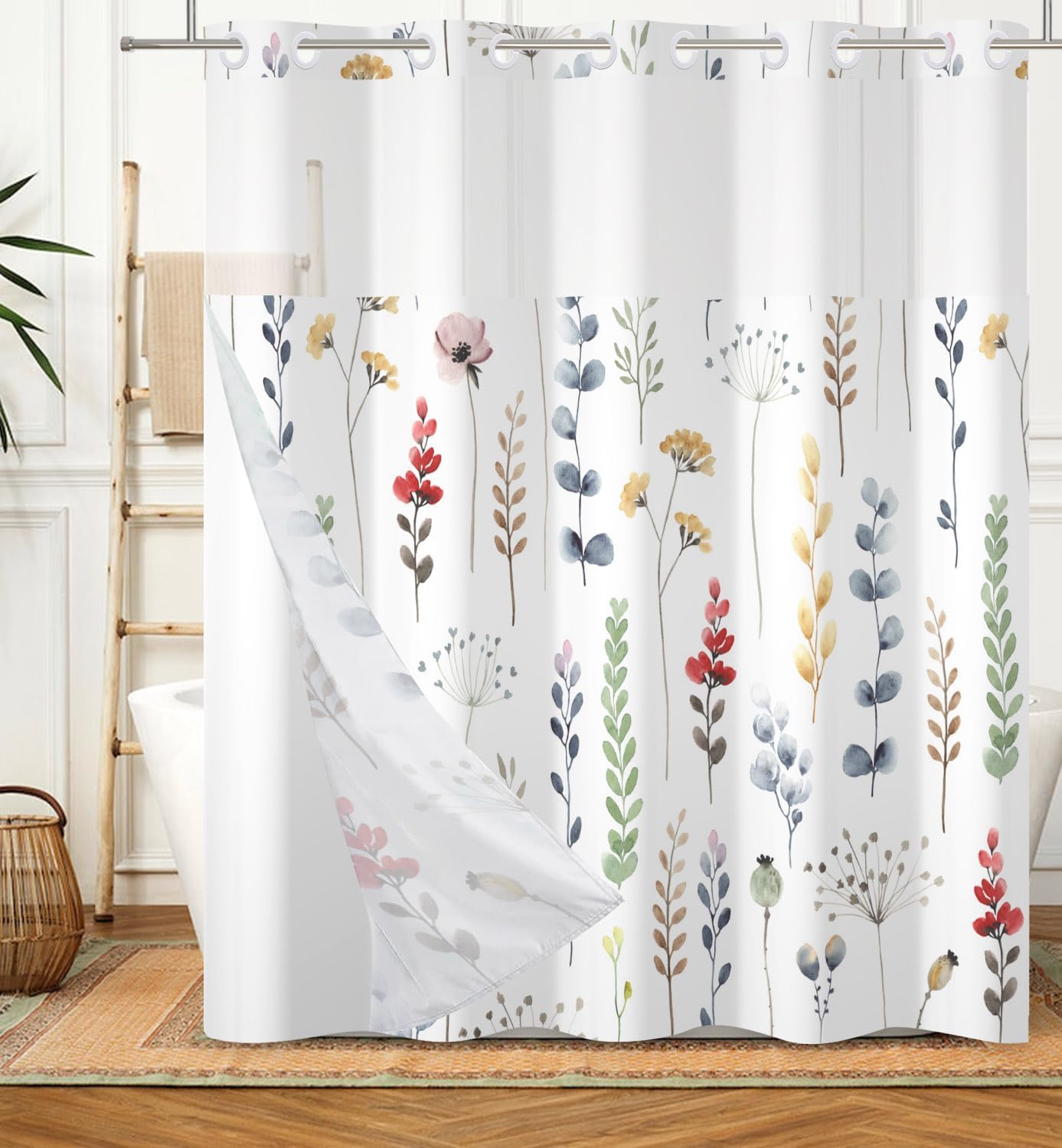 DASHAN Floral Shower Curtain with Snap-in Liner