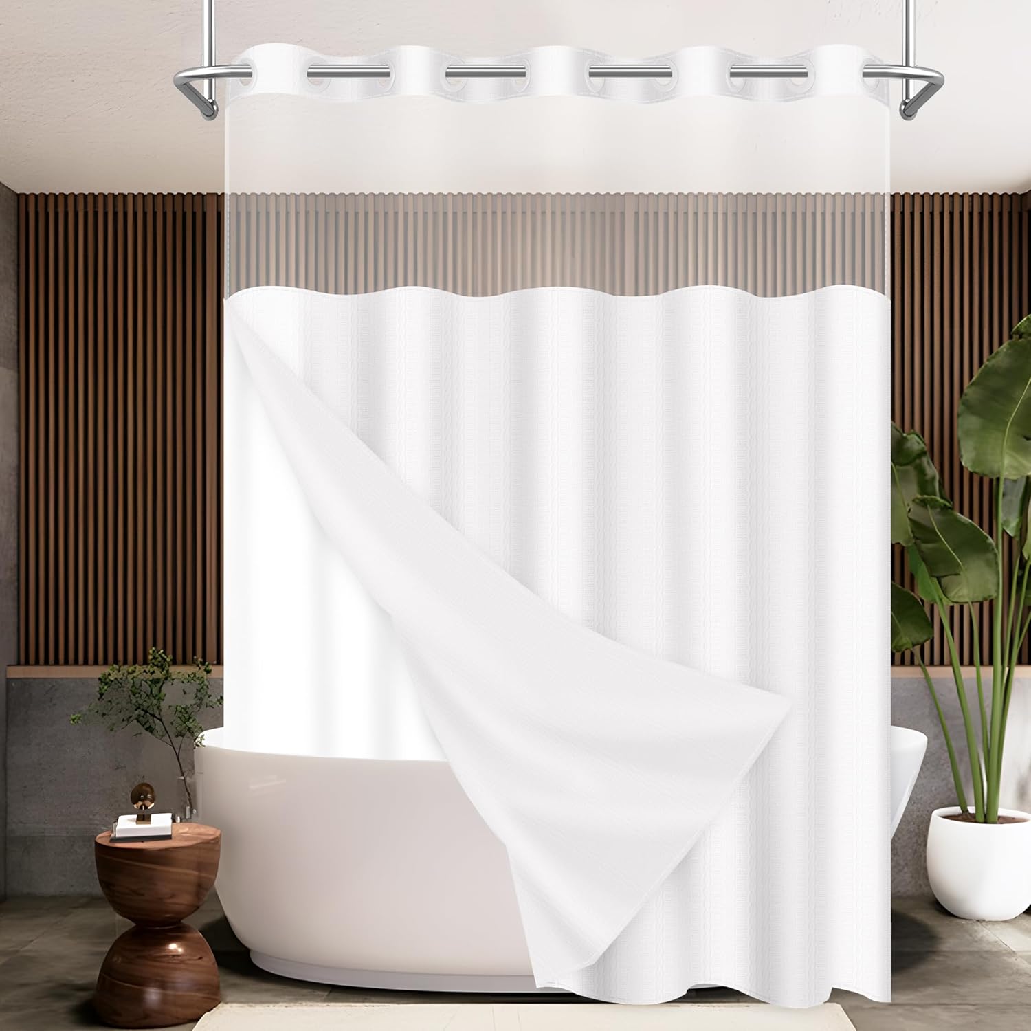 Wyljljy No Hook Shower Curtain Set 71x86 White Waffle