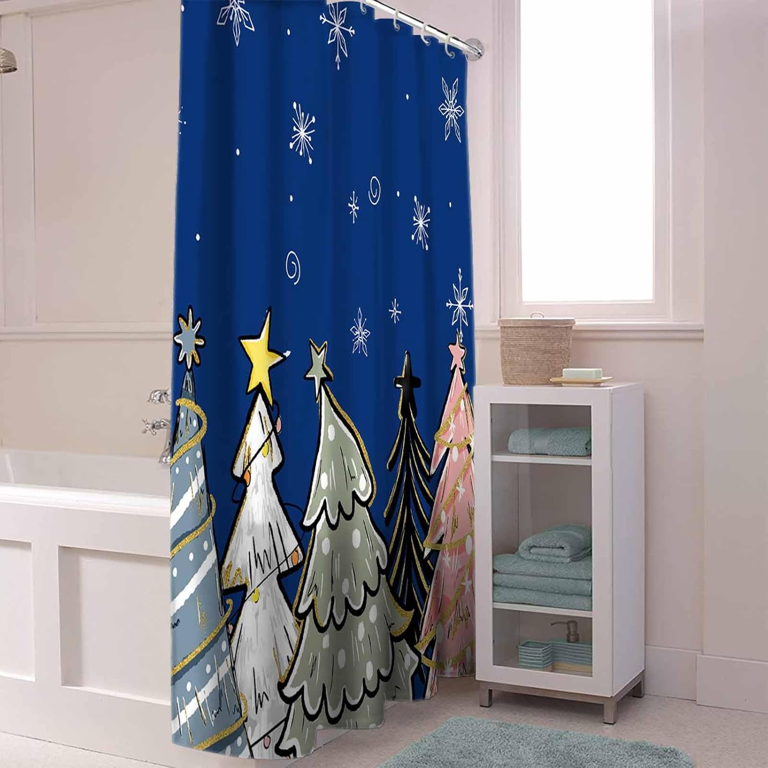 72 Inch Christmas Tree Shower Curtain Set with 12 Hooks