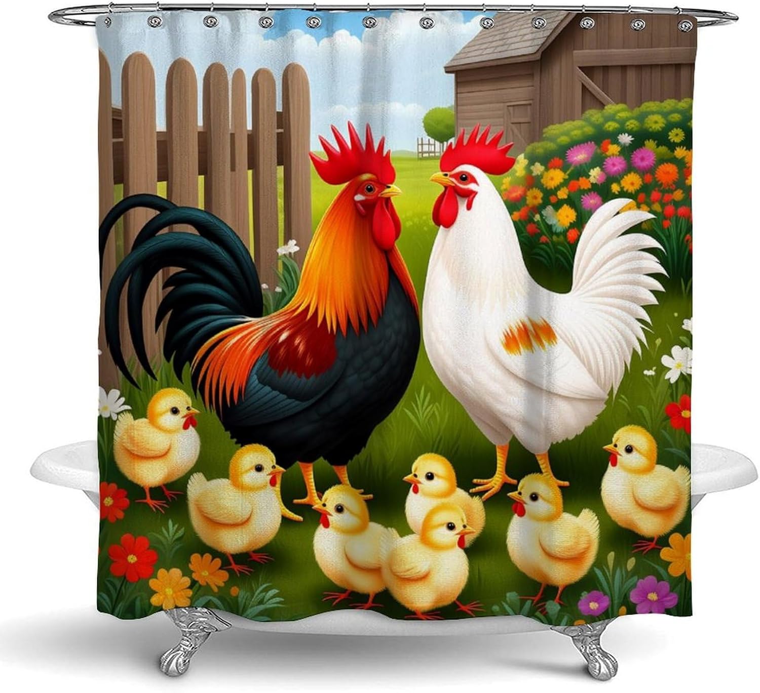 OXJOIIS Chicken Rooster Garden Flowers Art Shower Curtain with 12 Hooks