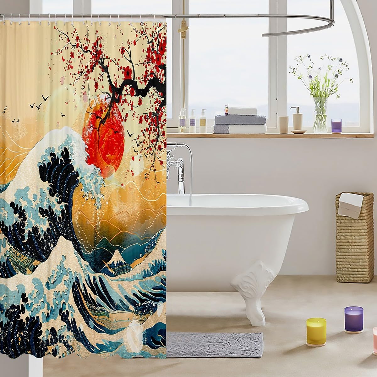 Feelyou Japanese Wave Shower Curtain Set 72x78 1