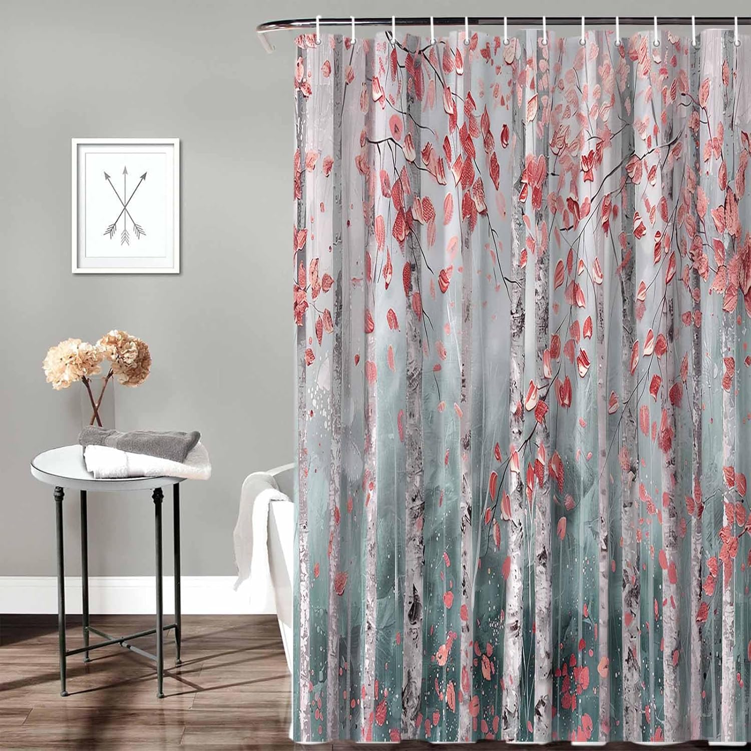 Funnywall88 72 Inch Branch Pink Leaves Art Shower Curtain Set with 12 Hooks