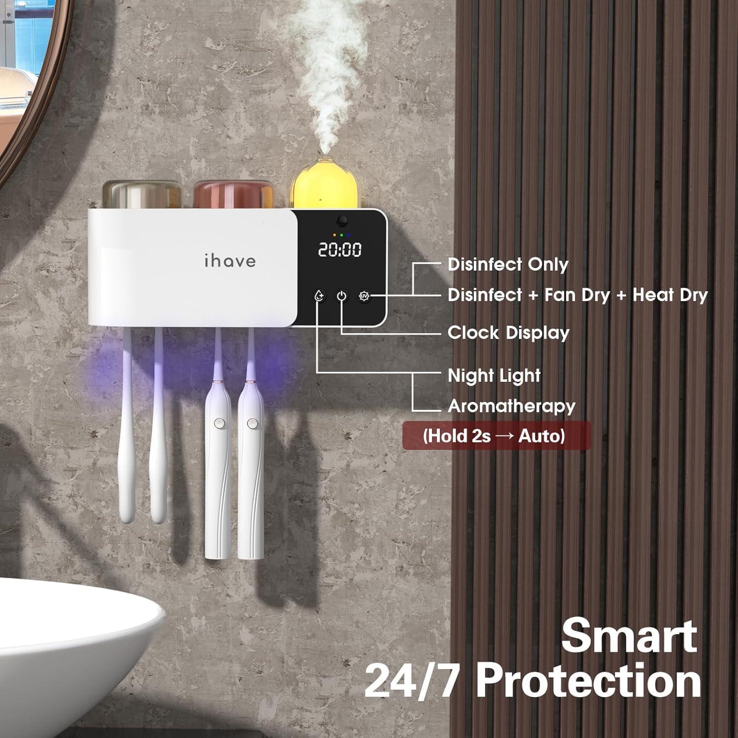 iHave Toothbrush Holder with UV Sanitizer Aromatherapy IR Light 2 Cups
