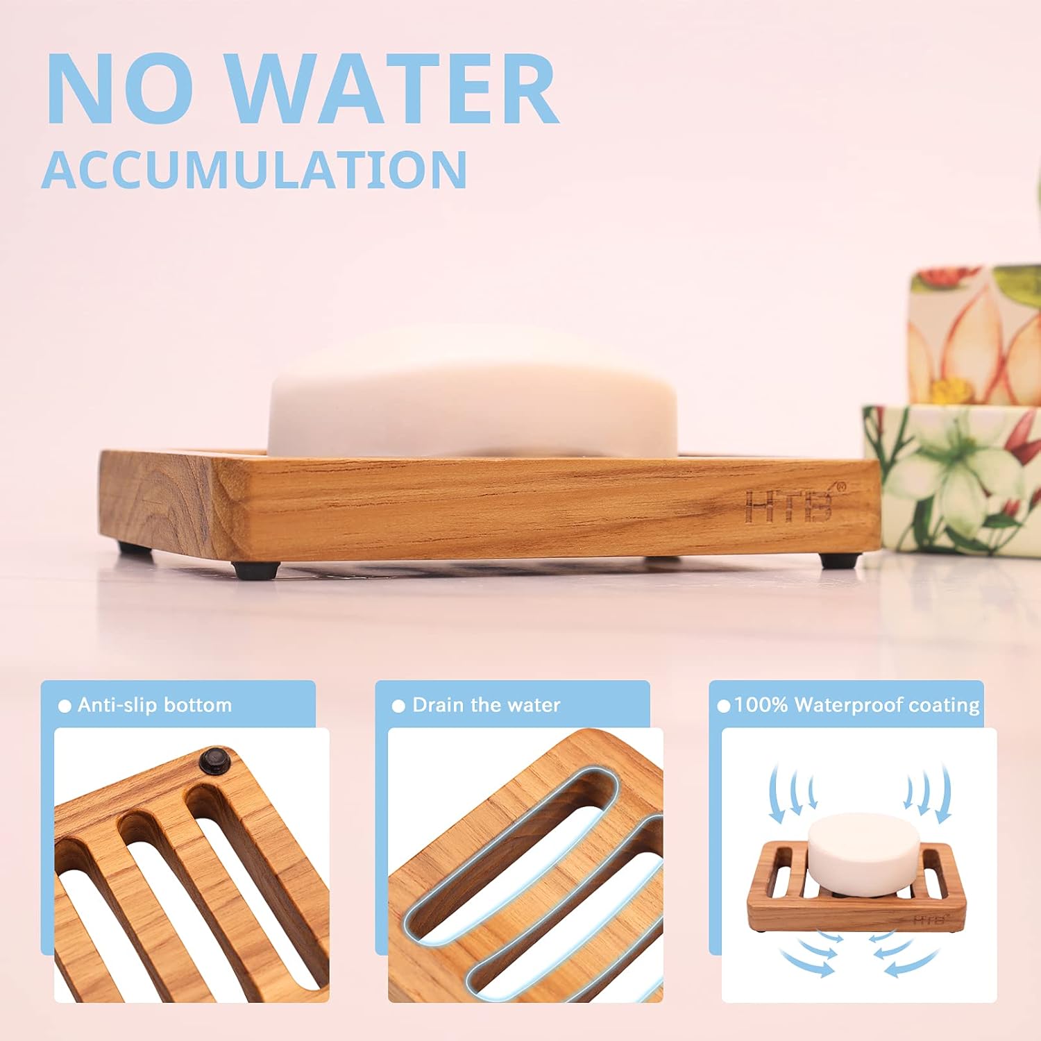 HTB Teak Wood Slotted Soap Holder for Shower Sink and RV