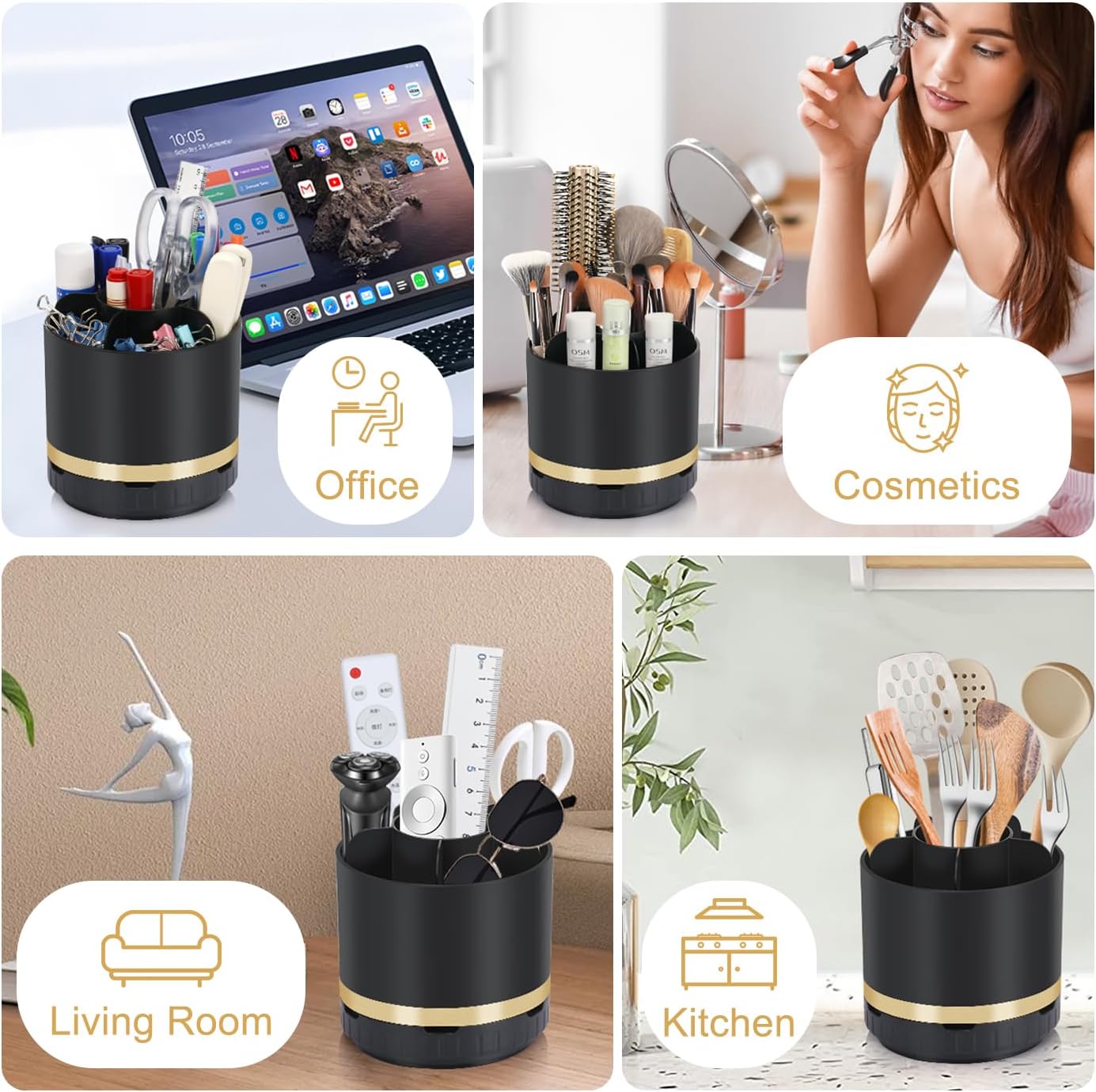 GFWARE Rotating Black Toothbrush Holder with 6 Slots