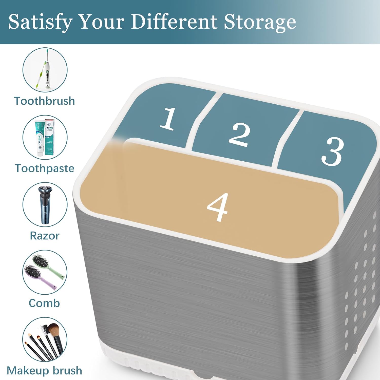 Brushed Nickel Toothbrush Holder for Bathroom Multifunctional Organizer Non-Slip Drainage