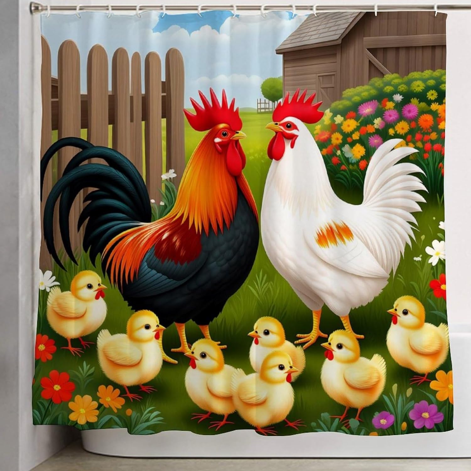 OXJOIIS Chicken Rooster Garden Flowers Art Shower Curtain with 12 Hooks