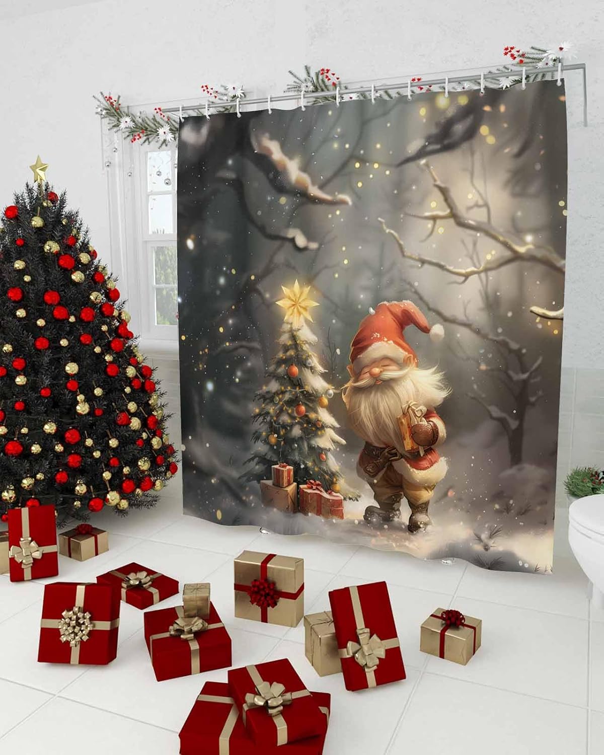 72 Inch Christmas Shower Curtain Set with 12 Hooks
