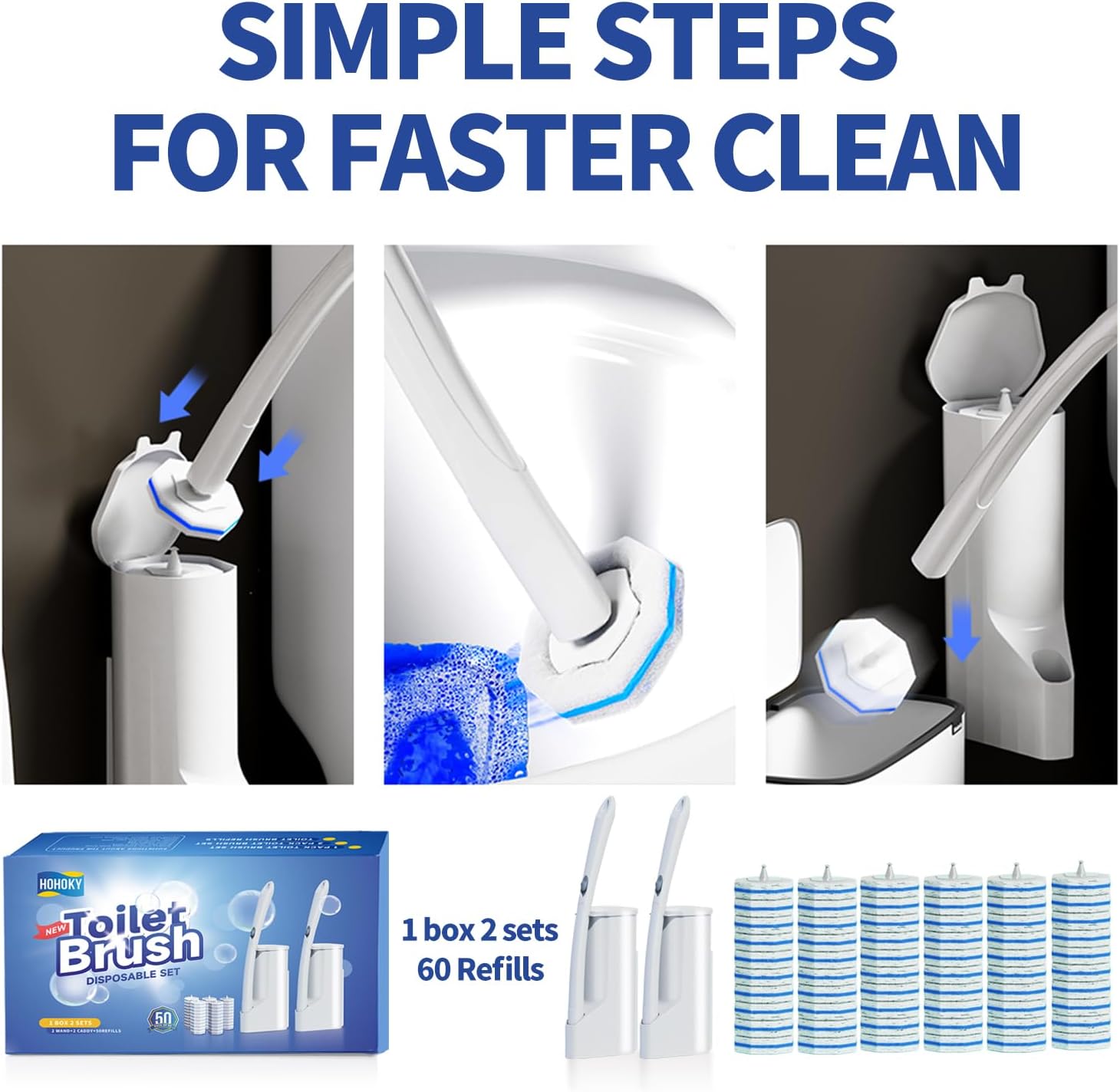 Hohoky Toilet Cleaning Set with 2 Wands and 60 Refill Pads