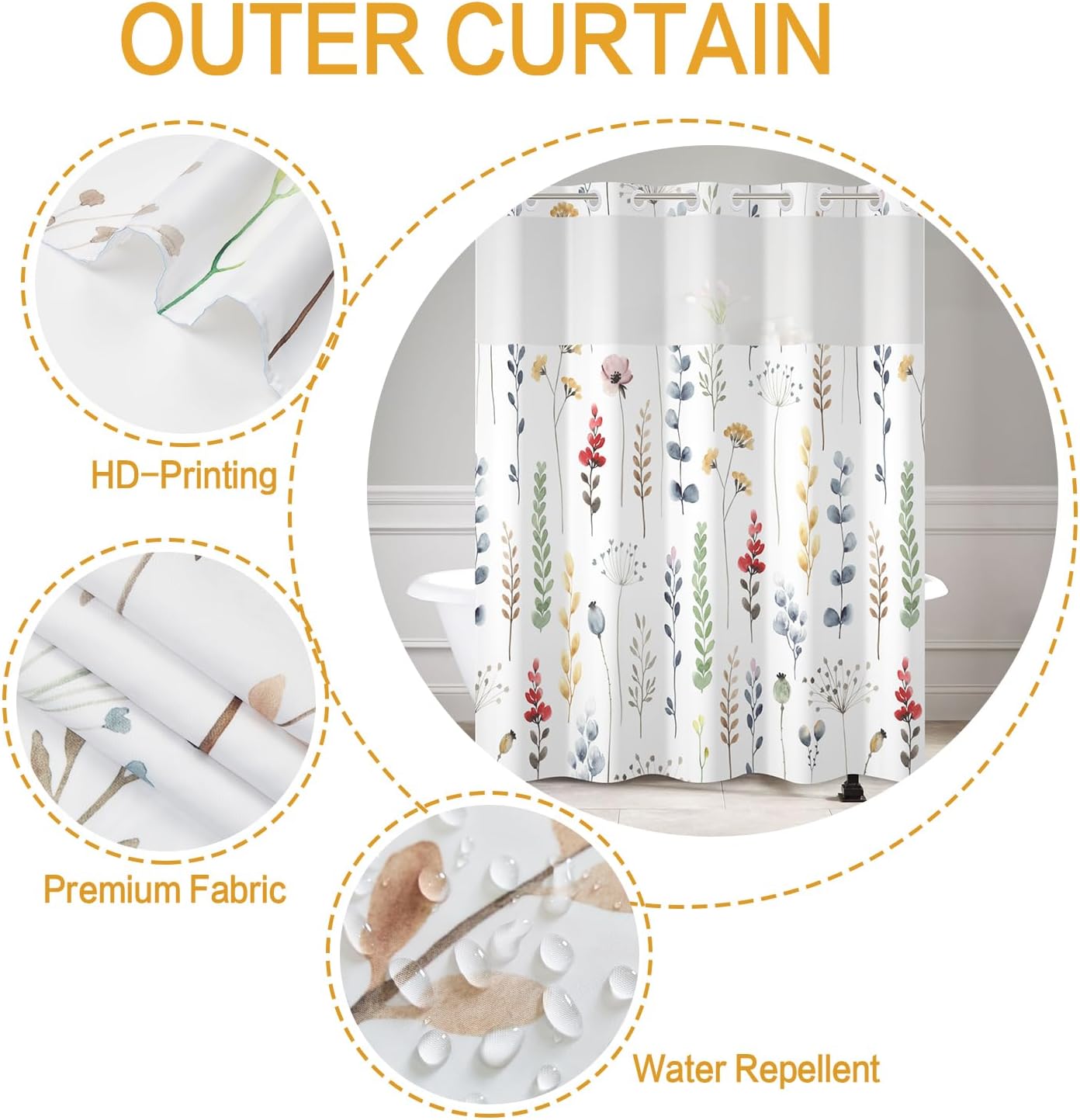 DASHAN Floral Shower Curtain with Snap-in Liner