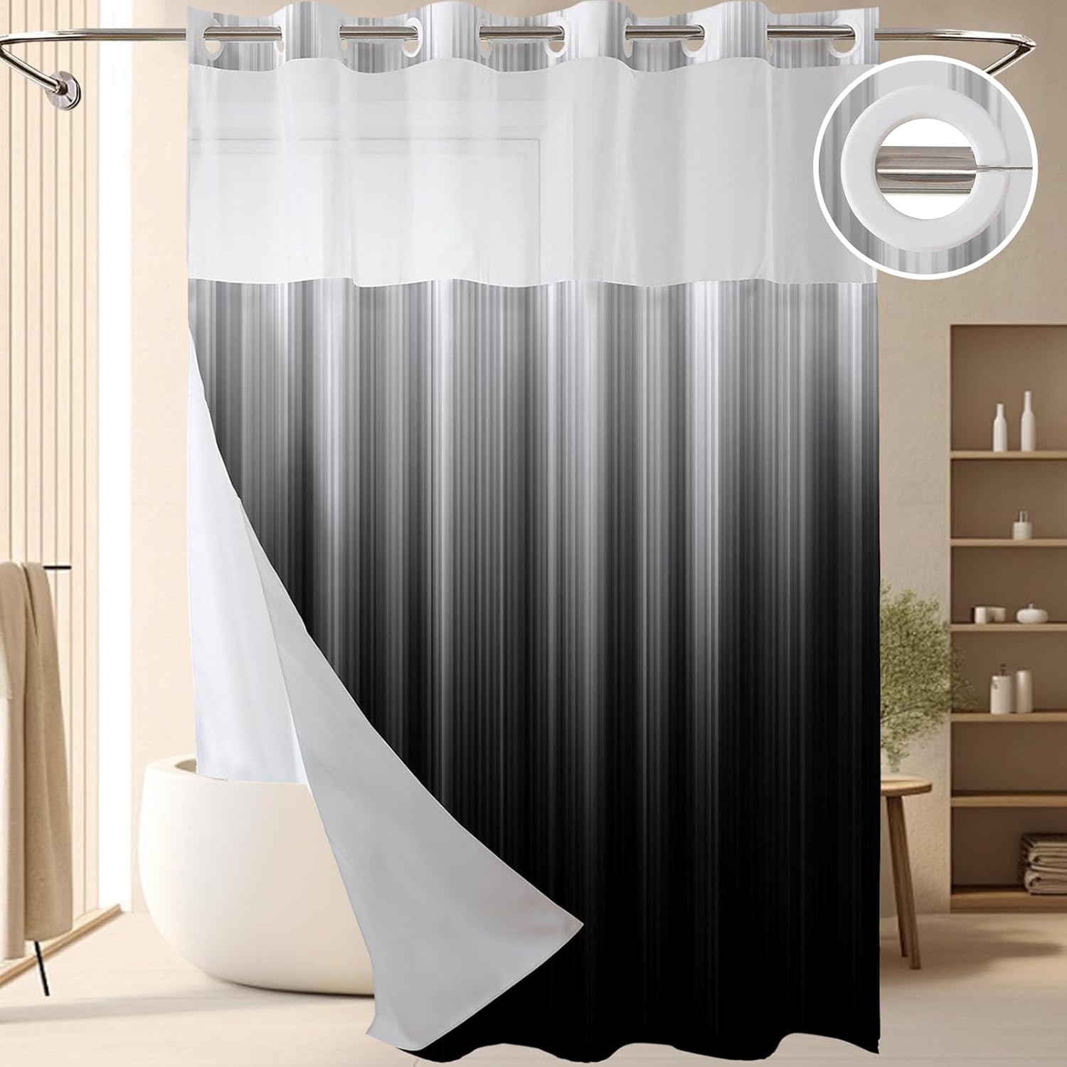 Guassi No Hook Shower Curtain with Snap-in Liner Set