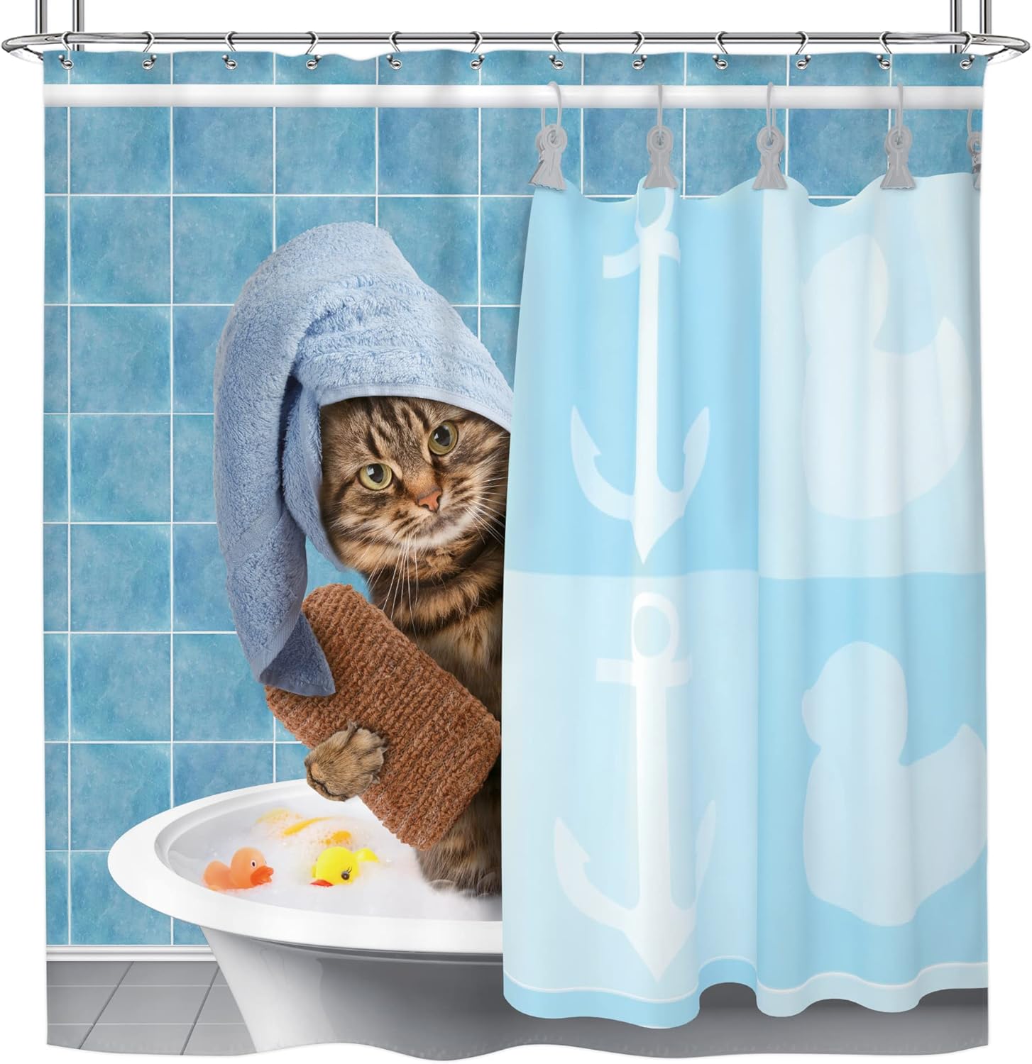 Riyidecor Funny Cat Shower Curtain Set