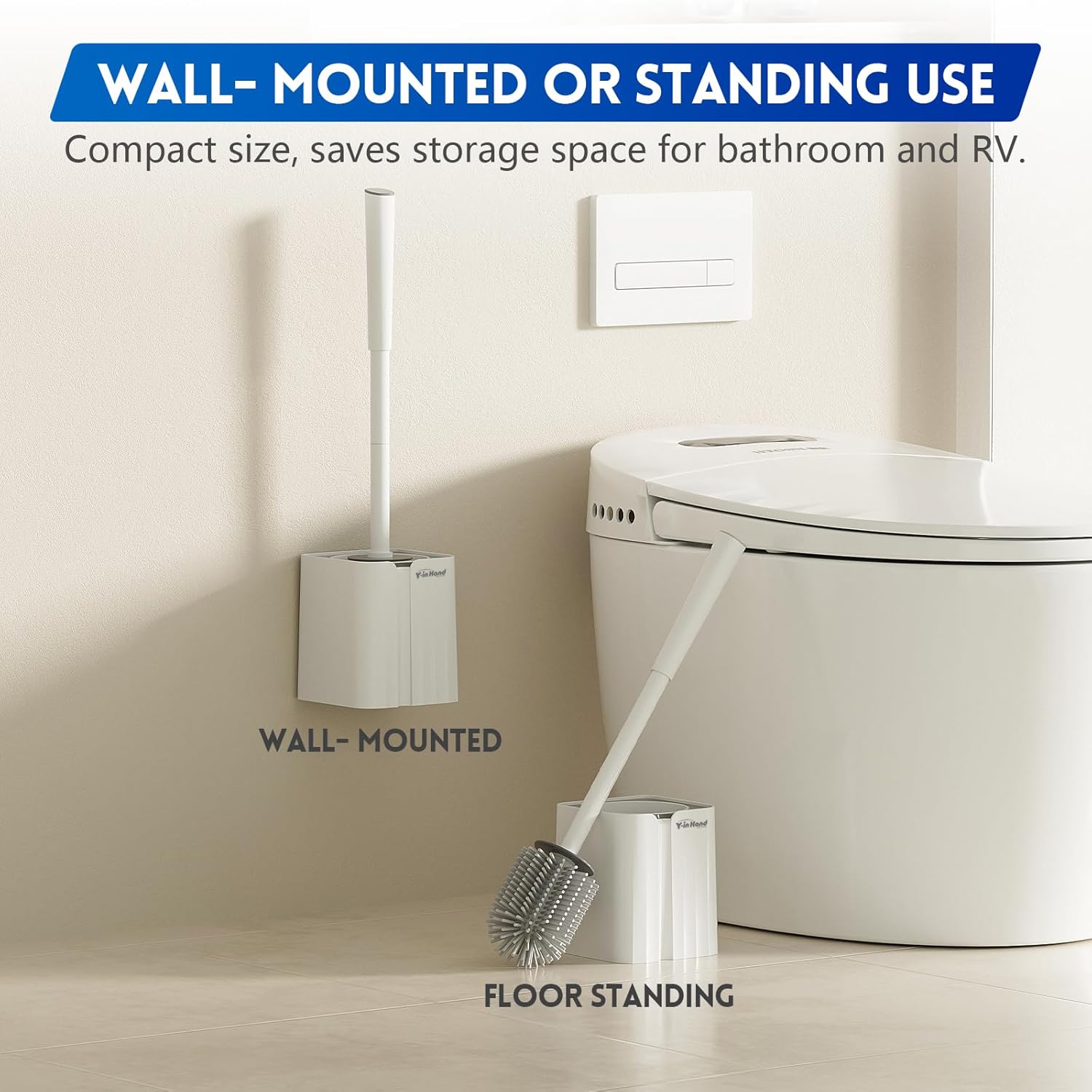 Y-in Hand Toilet Brush and Holder Set - Durable Drip-Proof Compact