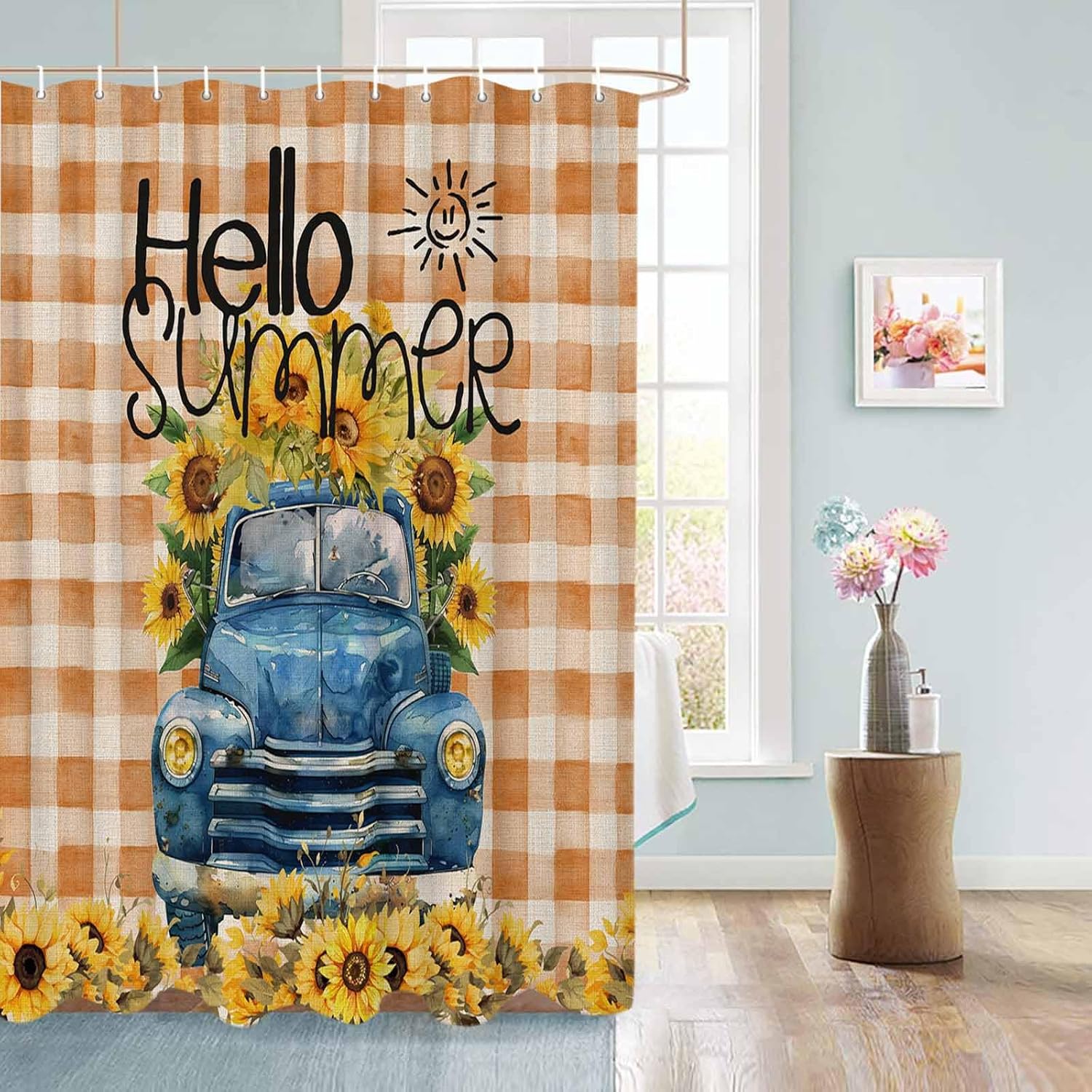 Funnywall88 72 Inches Sunflower Blue Buffalo Plaid Shower Curtain Set with 12 Hooks