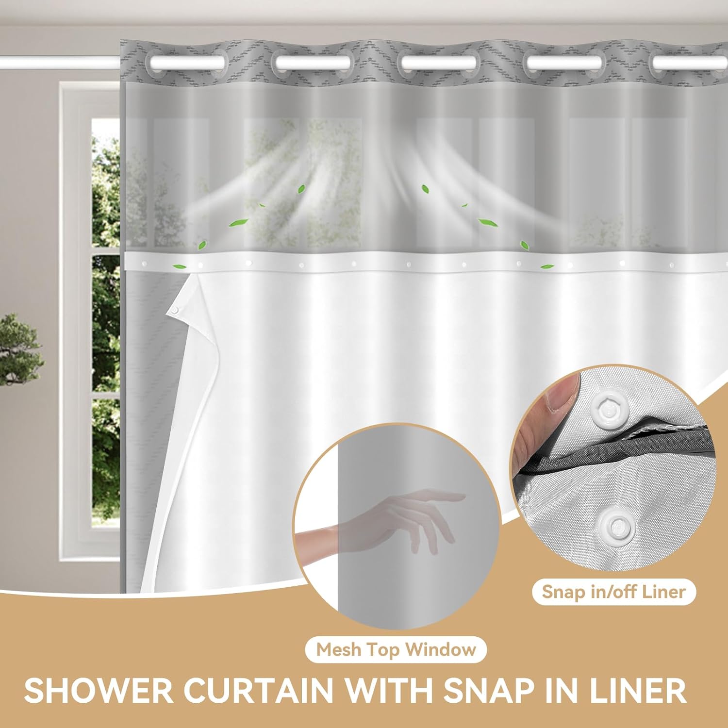 Aikku No Hook Shower Curtain Set Grey Chevron Striped