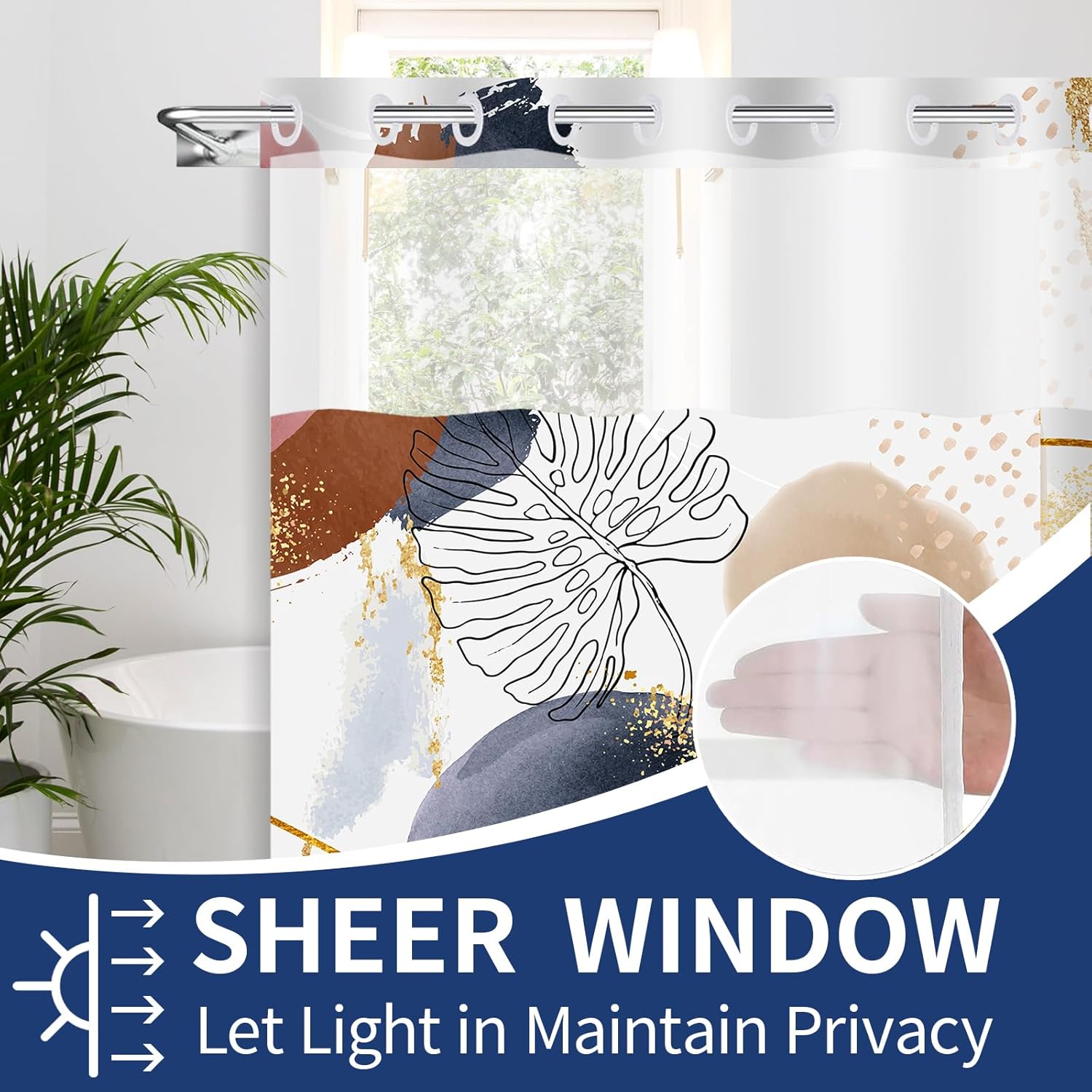 Boho Style Waterproof Shower Curtain with Mesh Top 71x74 In