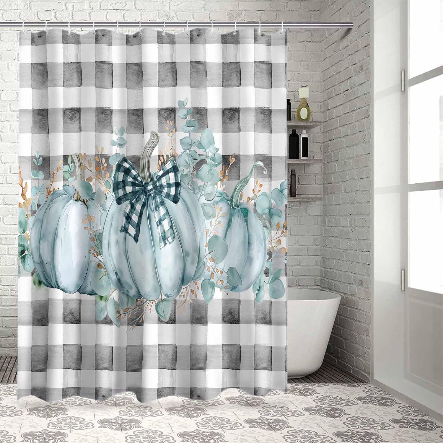 Funnywall88 72 Inches Green Bow Pumpkin Plaid Shower Curtain Set with 12 Hooks