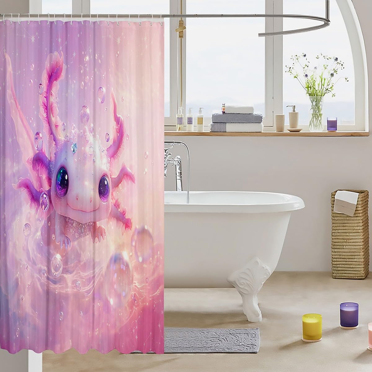 Feelyou Kids Pink Axolotl Shower Curtain Set 72x84 1