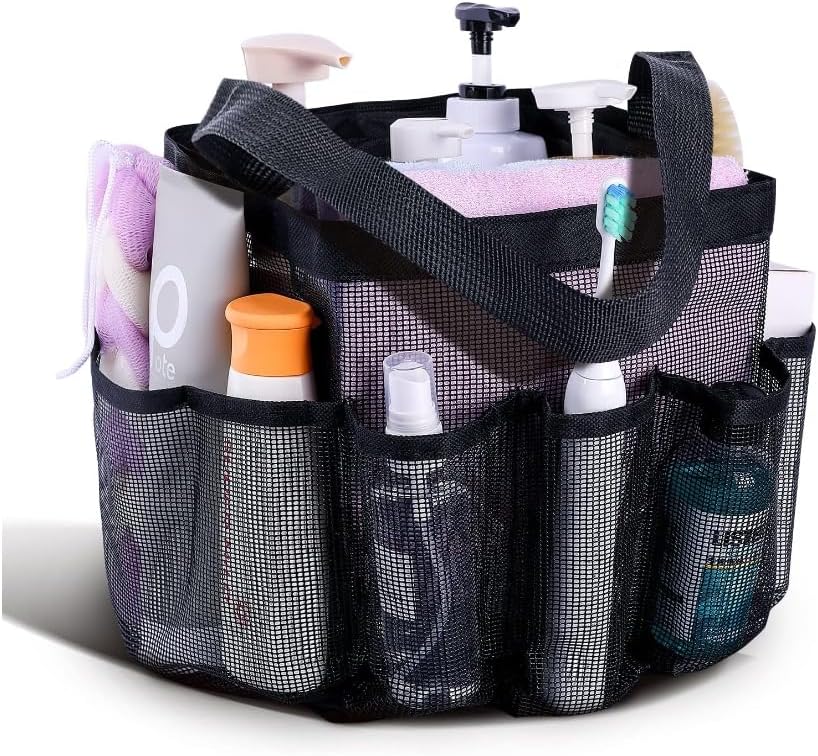 Mesh Shower Caddy Tote Bag with 8 Pockets Black