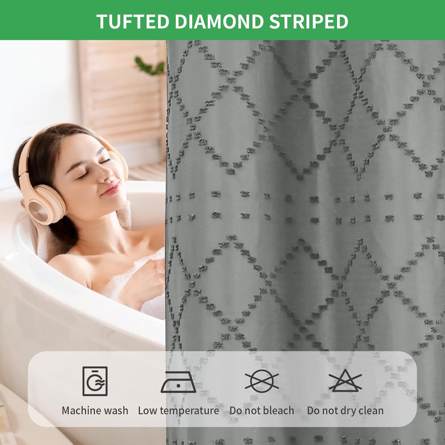 Grey No Hook Shower Curtain Set with Chevrons See-Through Window