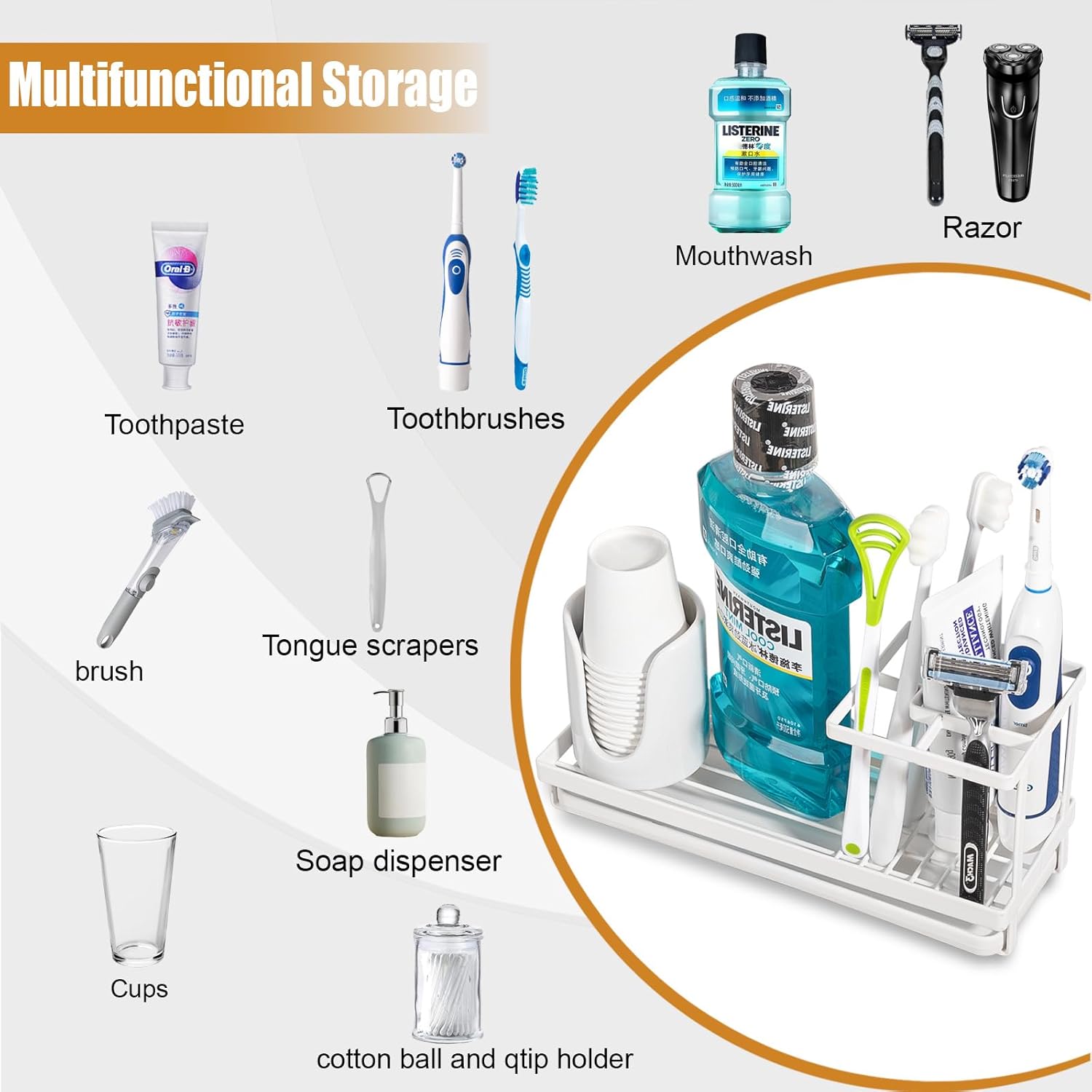 Heagoale Toothbrush Holder Bathroom Organizer with Multiple Compartments - White
