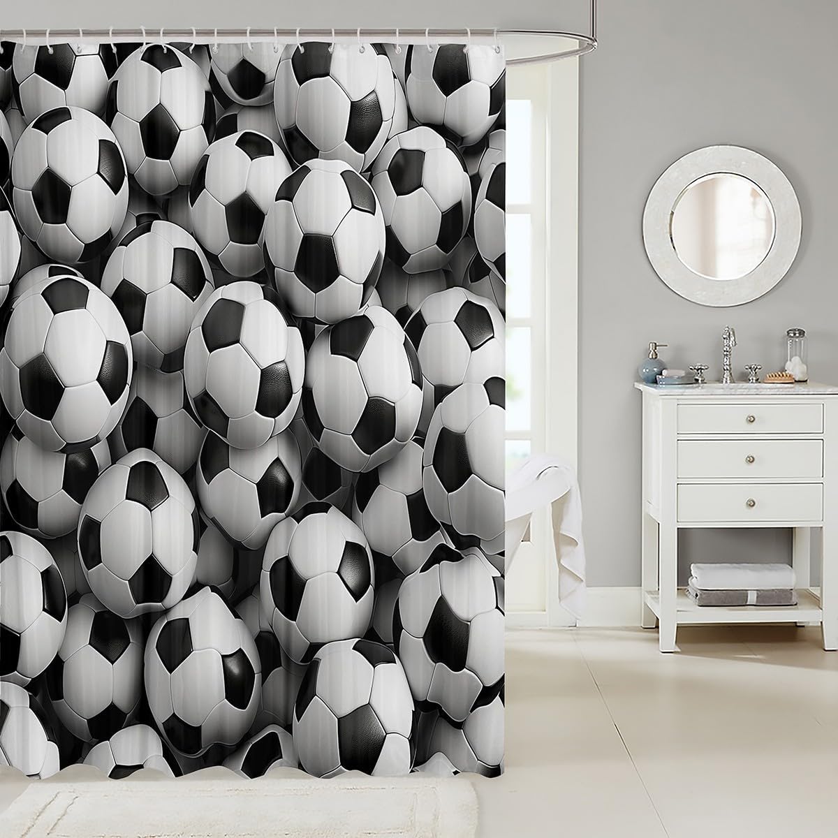 Erosebridal Soccer Shower Curtain Set Black White 72x72 Waterproof