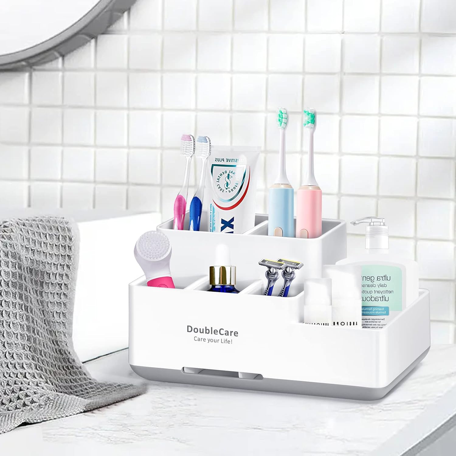 DoubleCare Toothbrush Holder with 5 Compartments Anti-Slip Multifunctional Bathroom Organizer