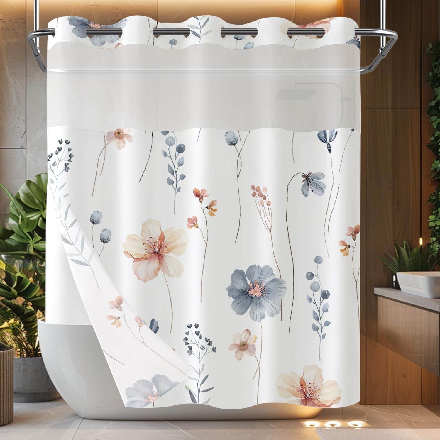 Fungarth No Hook Shower Curtain Set with Floral Design