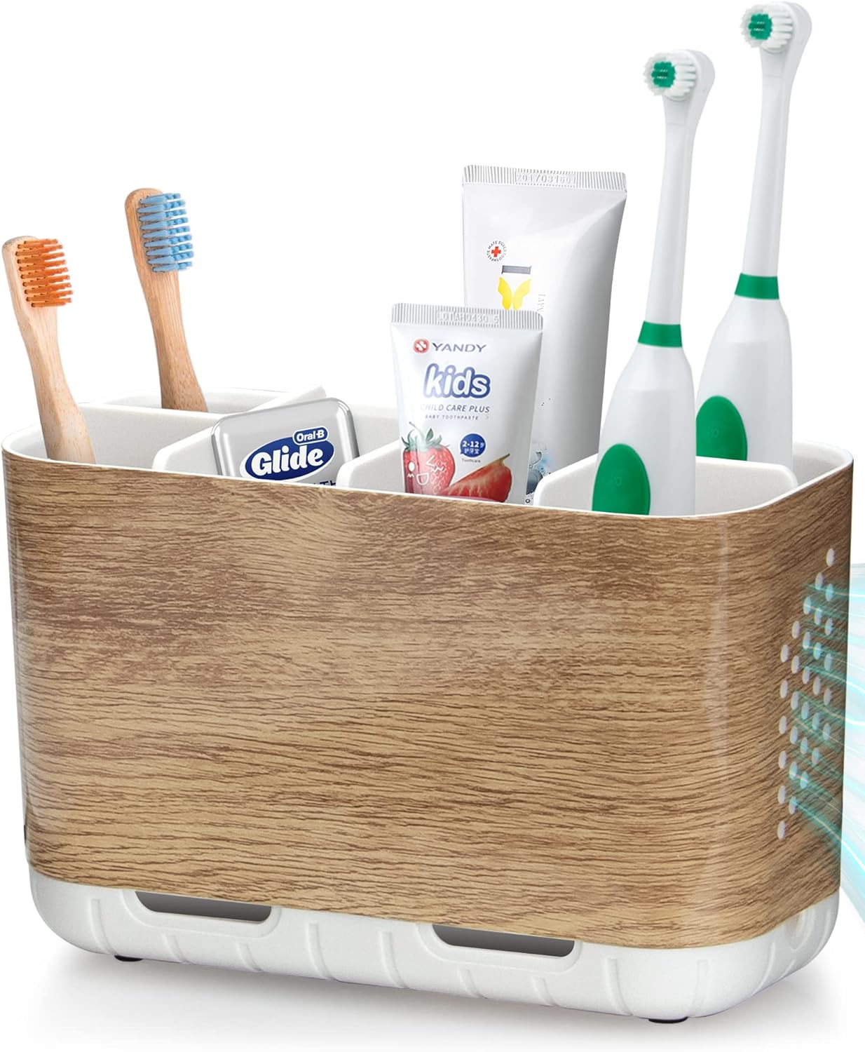 Boperzi Wood Grain Toothbrush Holder with Adjustable Dividers