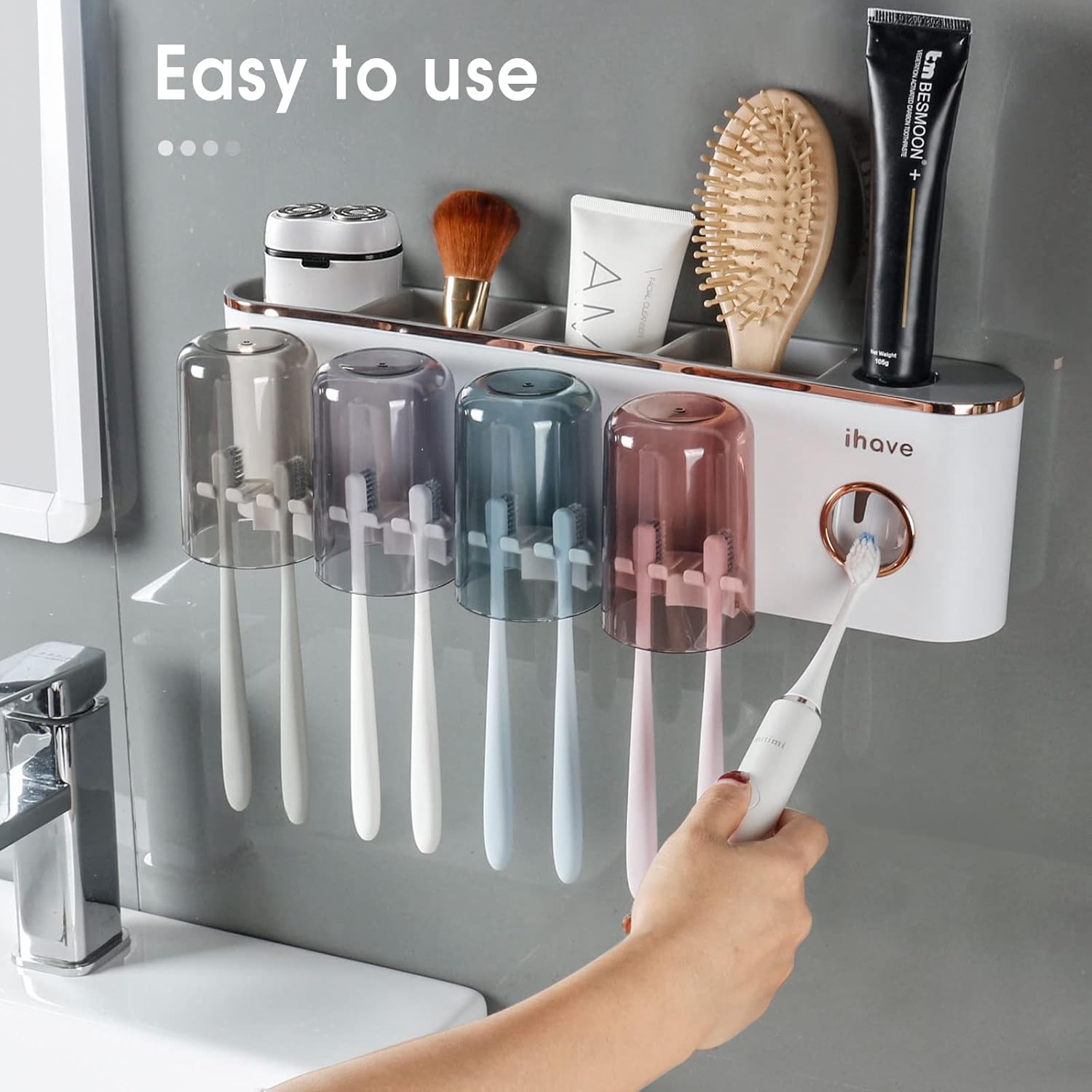 iHave Toothbrush Holder with Toothpaste Dispenser Wall Mount Bathroom Decor