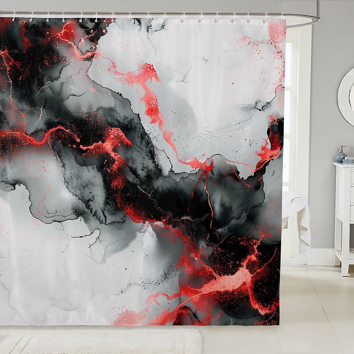 Erosebridal Black and Red Waterproof Shower Curtain Abstract Marbling Design