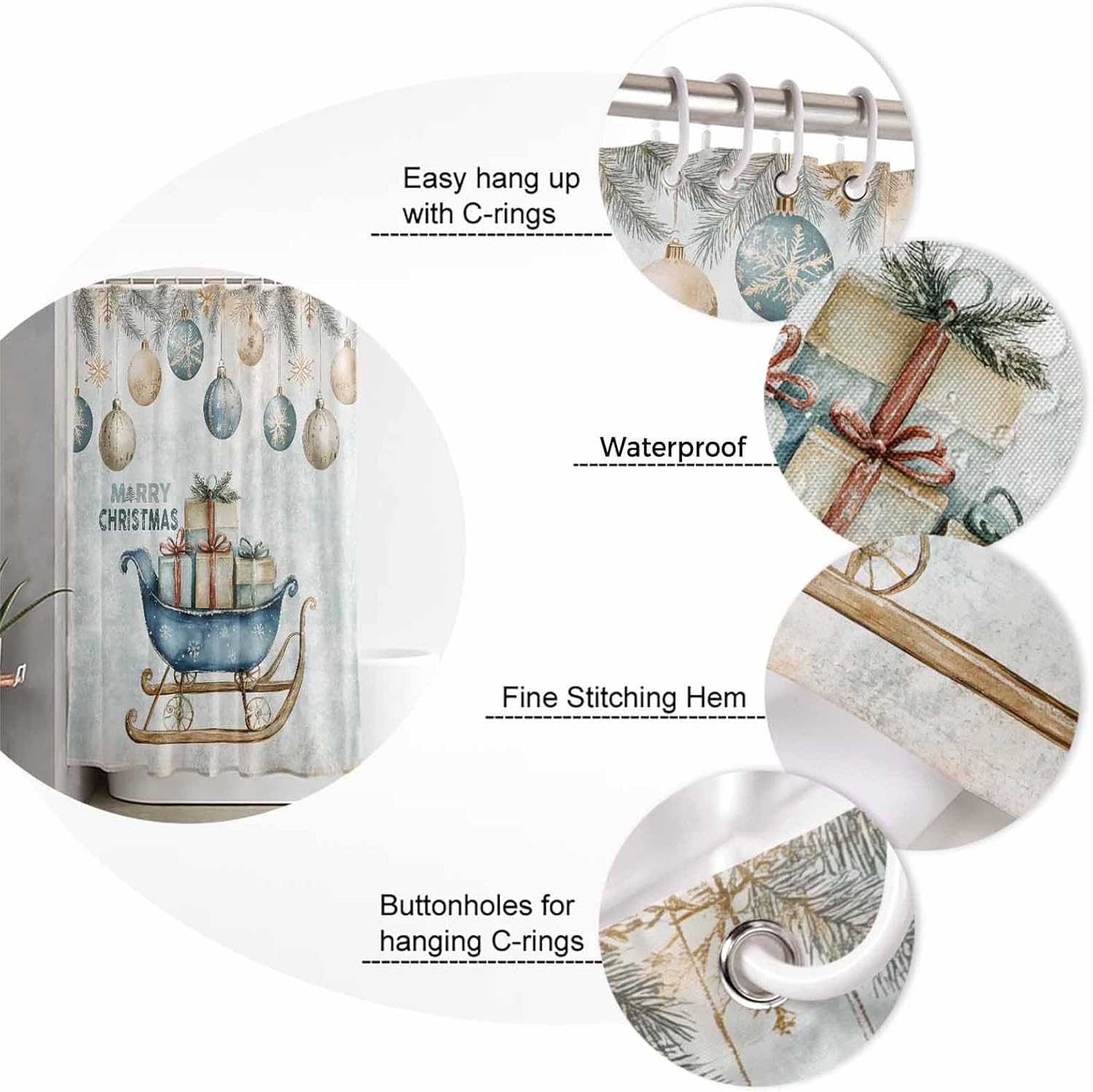 72 Inches Christmas Shower Curtain Set with 12 Hooks 1
