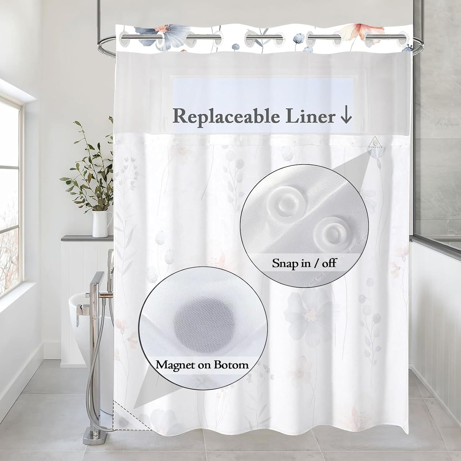 Fungarth No Hook Shower Curtain Set with Floral Design