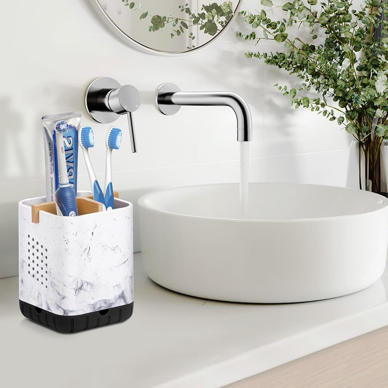 Boperzi Bamboo Toothbrush Holder with Drain and 3 Slots
