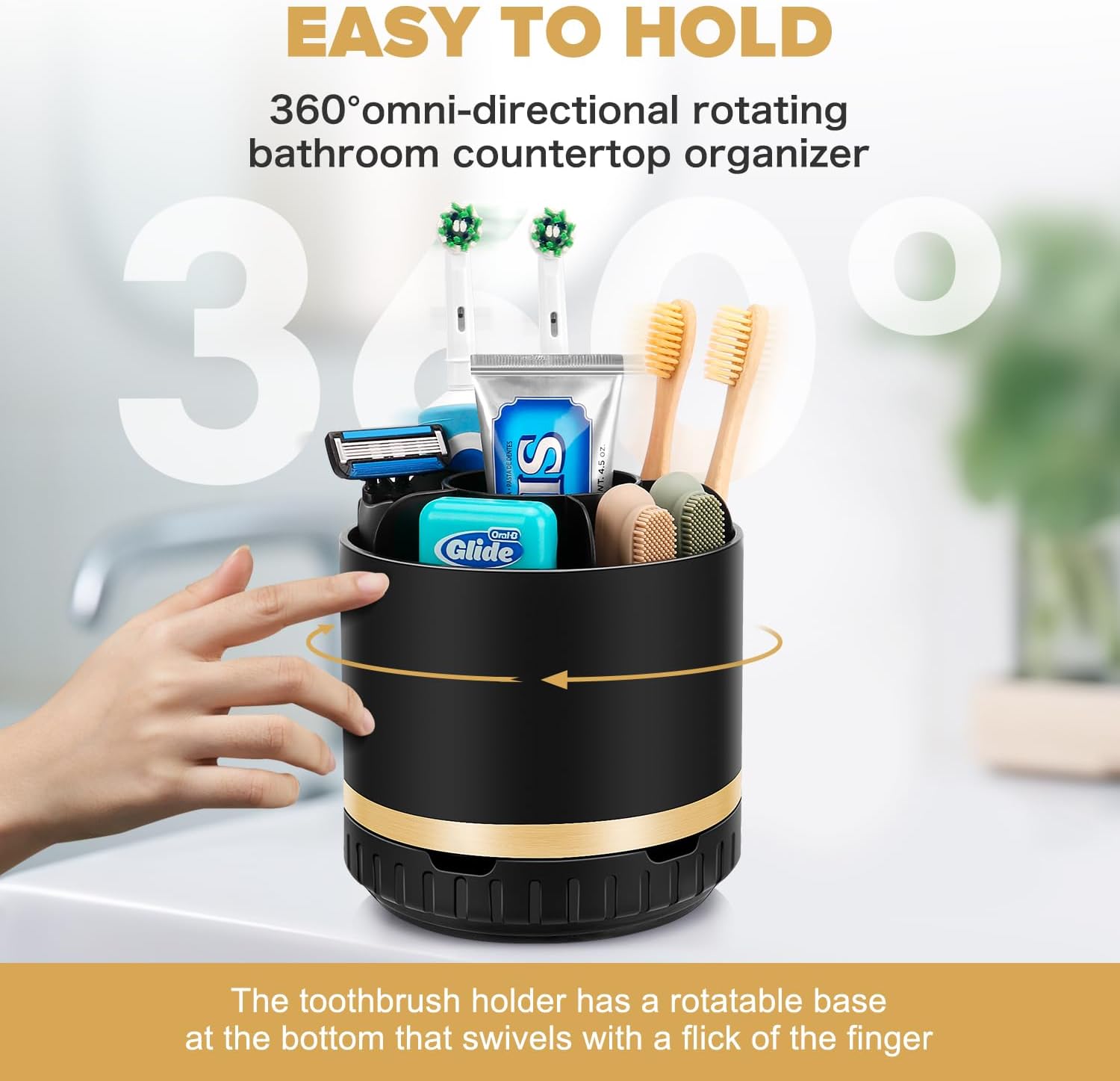 GFWARE Rotating Black Toothbrush Holder with 6 Slots