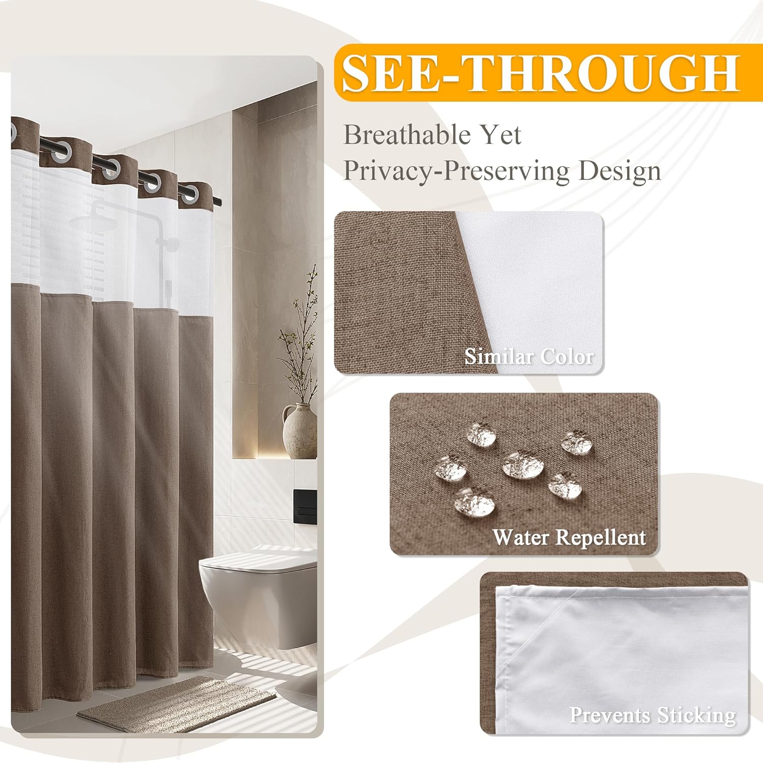 No Hooks Linen Shower Curtain Set Tan